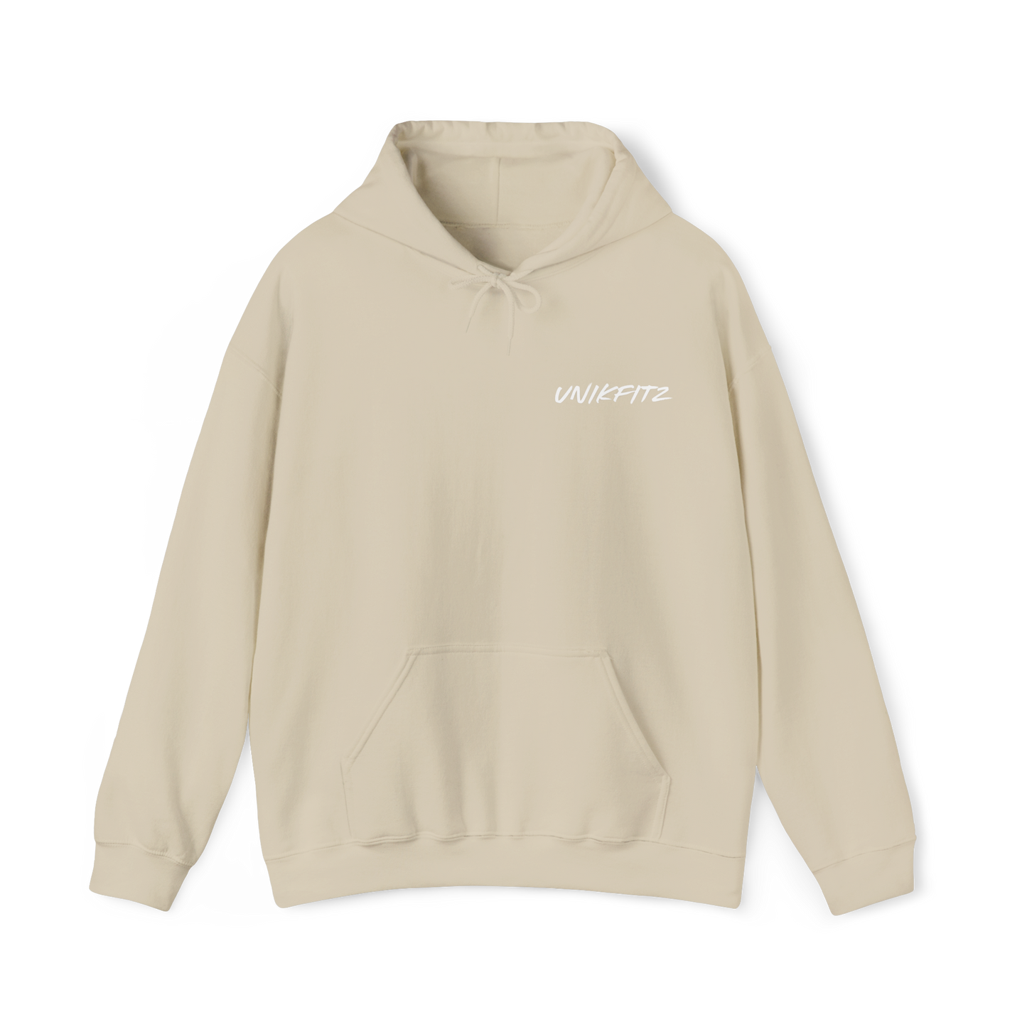 Close-up view of a beige men's hoodie with drawstrings and 'Unikfitz' logo printed in white on the chest. A perfect essential hoodie for men's clothing and streetwear.