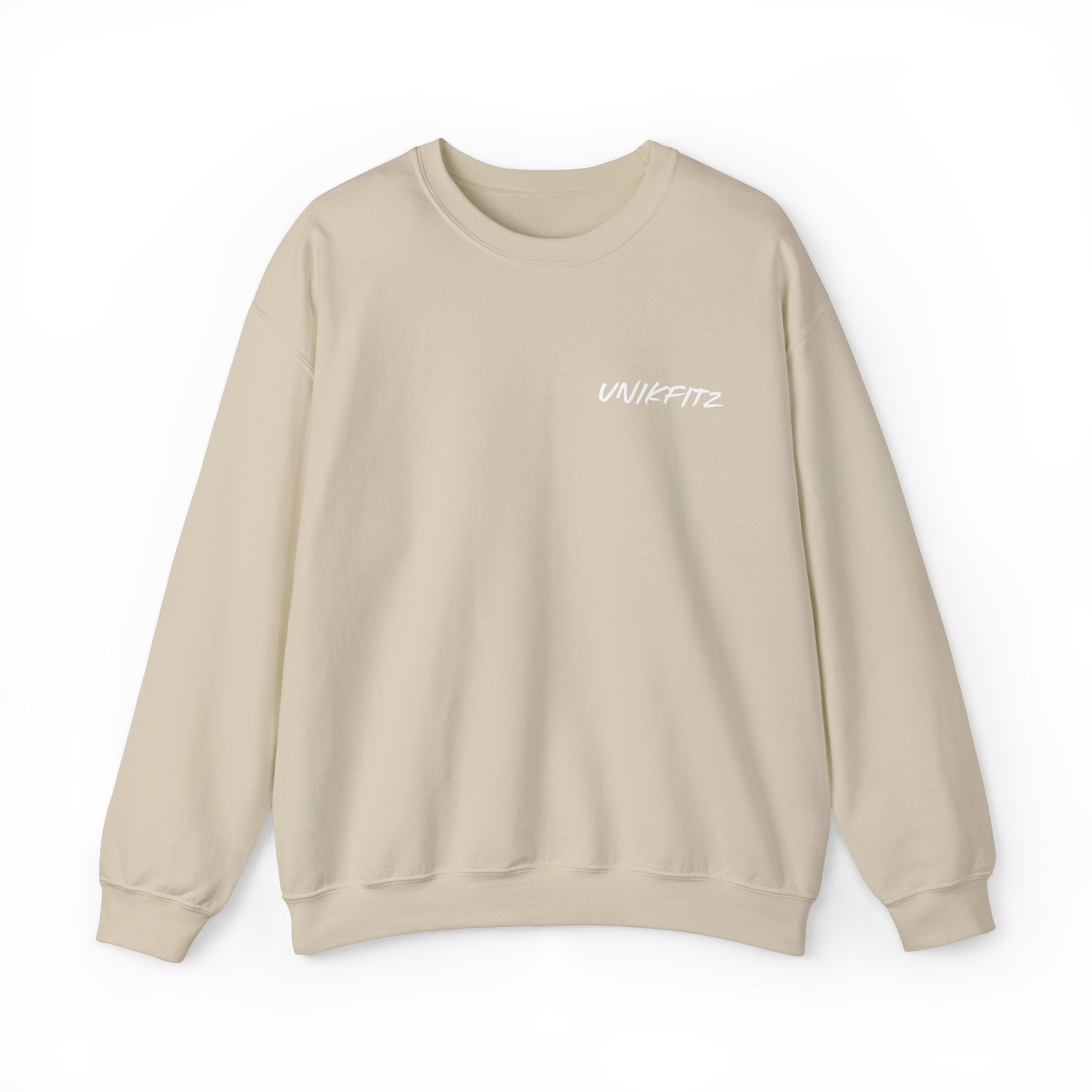 Front view of the Brave & Unbreakable Men's Sweatshirt in beige, featuring a clean, minimalist UNIKFITZ logo on the chest. A versatile streetwear essential designed for men who embrace resilience and strength, perfect for gym sessions, casual outings, and everyday wear.