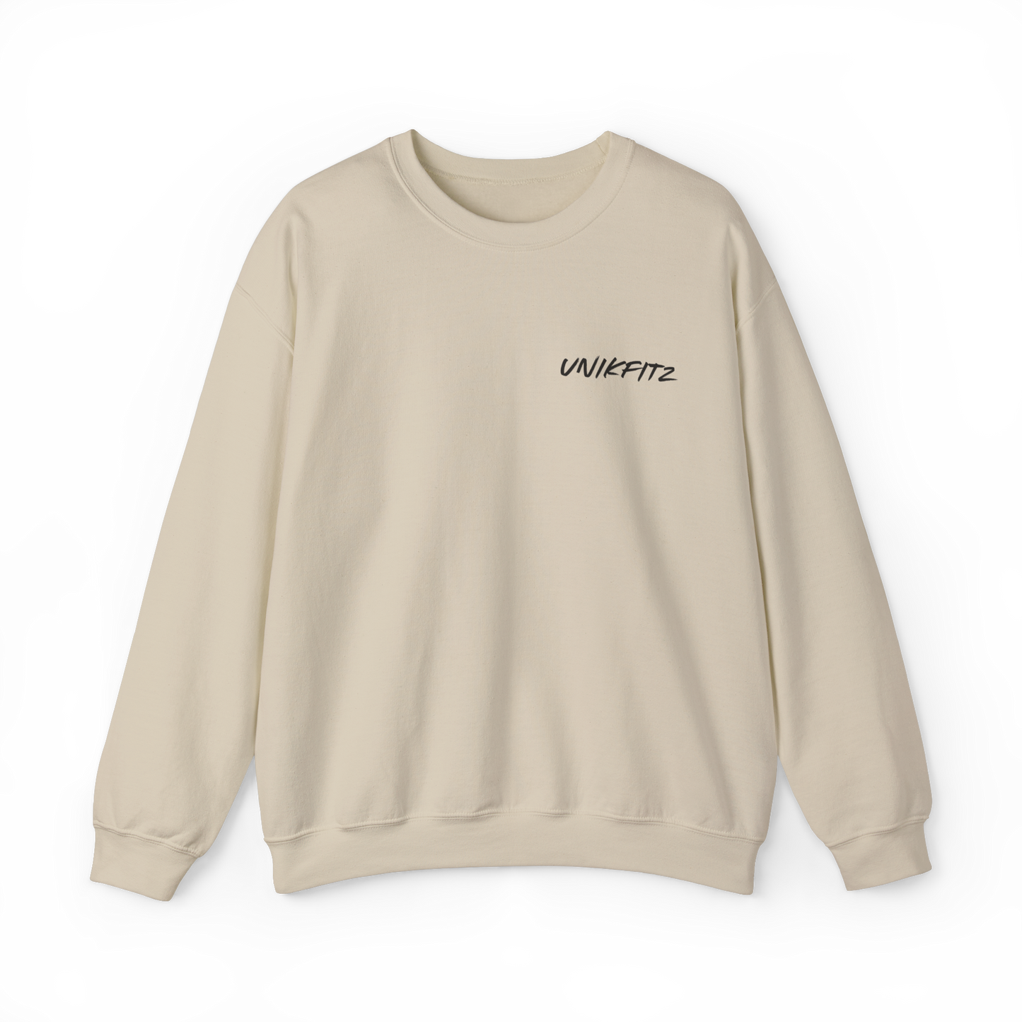 A beige crewneck men's sweatshirt with the UNIKFITZ logo on the front left chest. A versatile piece of men's clothing, perfect for gym wear or as a streetwear essential.