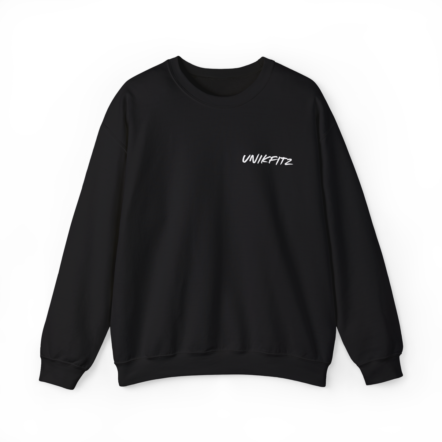 Minimalist black sweatshirt displaying the UNIKFITZ logo on the chest. An essential sweatshirt for streetwear enthusiasts, combining sleek design with versatility for gym or casual wear.
