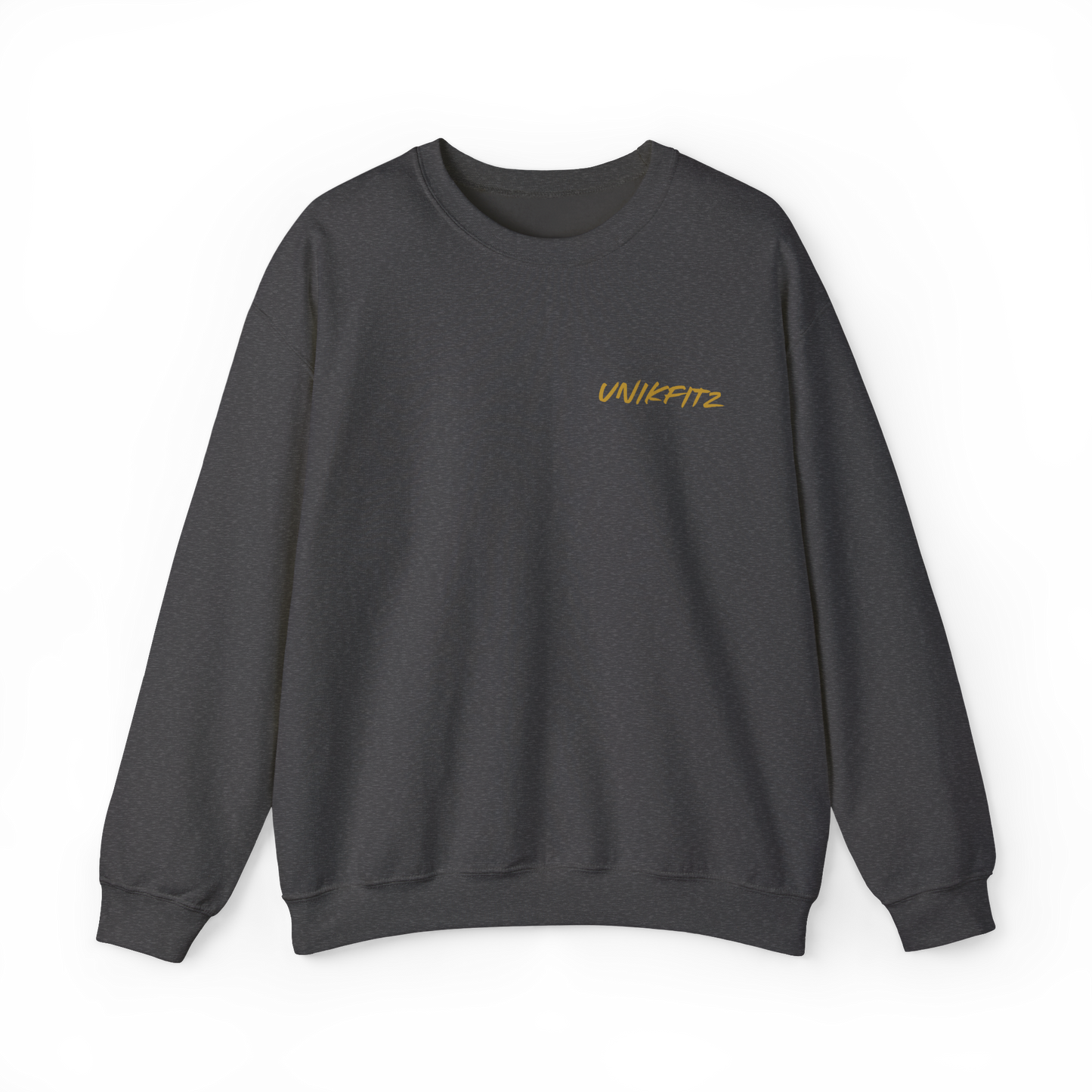 Front view of the Rise and Soar Women's Sweatshirt in charcoal grey by UNIKFITZ, featuring a clean, structured fit with a bold gold UNIKFITZ logo on the chest. A premium women's wear streetwear essential, designed for gym sessions, casual outings, and layering.