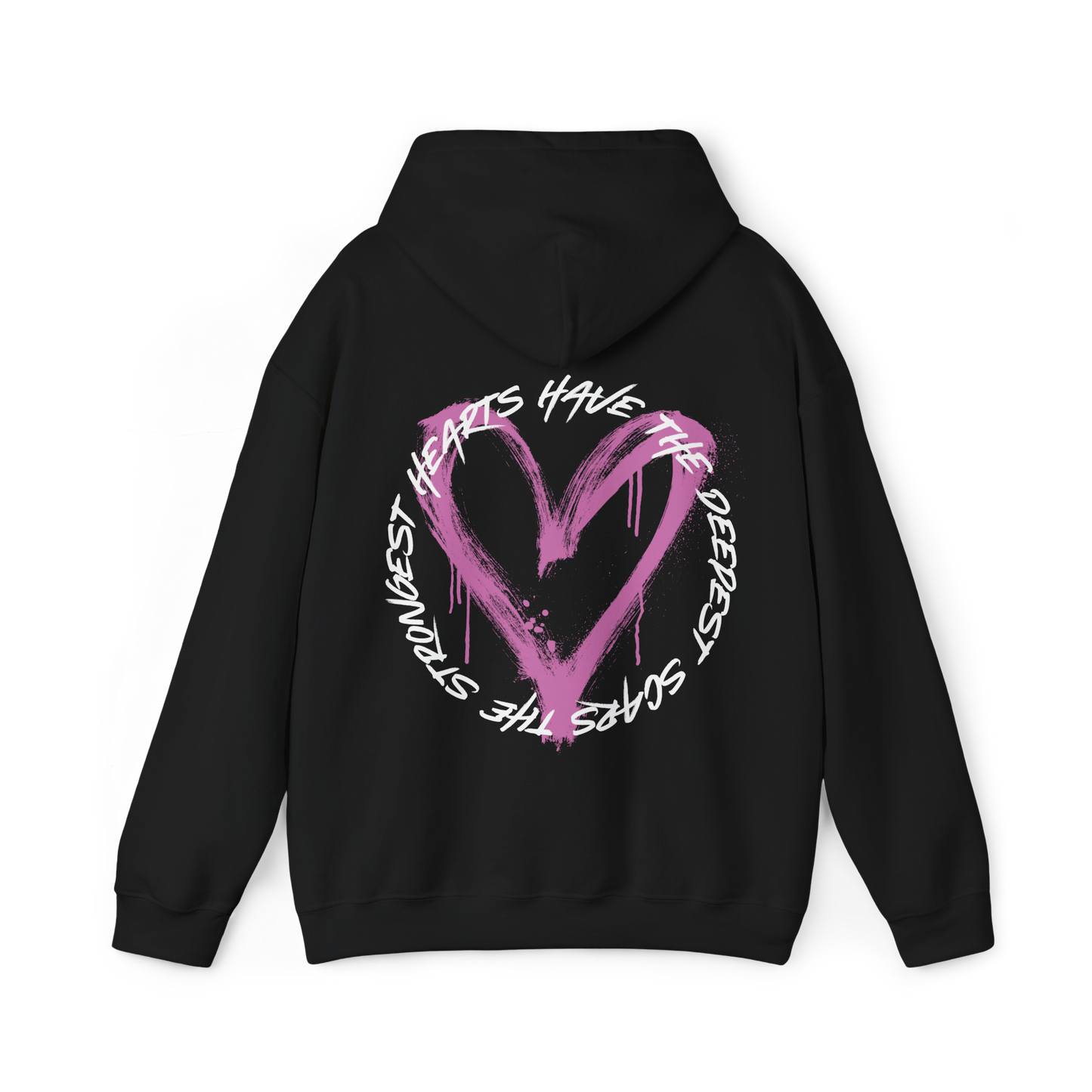 Back view of the Scarred Heart Women's black Hoodie with an eye-catching pink heart graphic and motivational quote. This Australian streetwear piece embodies strength and resilience, making it an essential t-shirt alternative for urban fashion lovers.