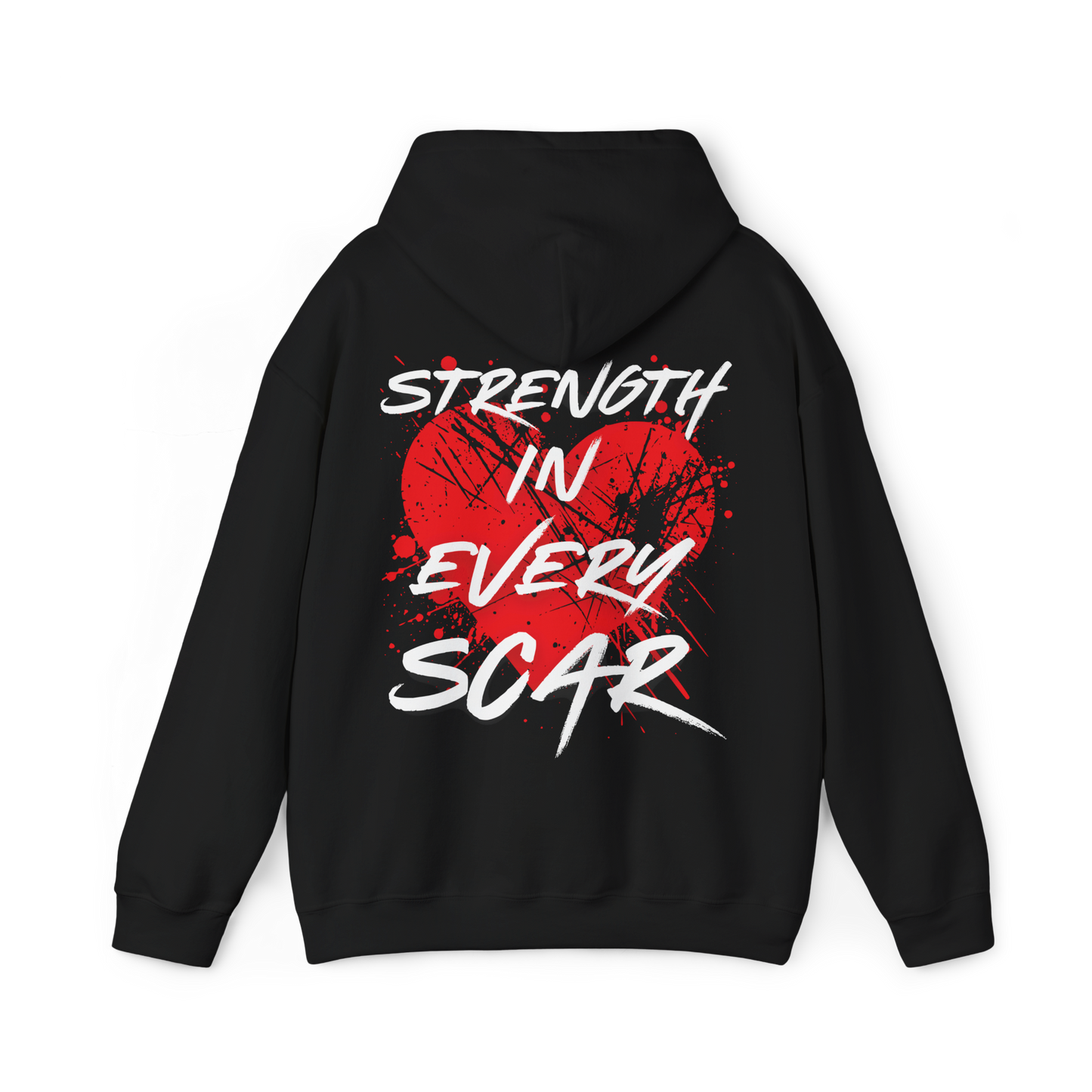 Back of the Scarred women's black Hoodie β striking 'Strength in Every Scar' typography with a bold red heart and distressed graphic print, embodying resilience and Australian streetwear culture