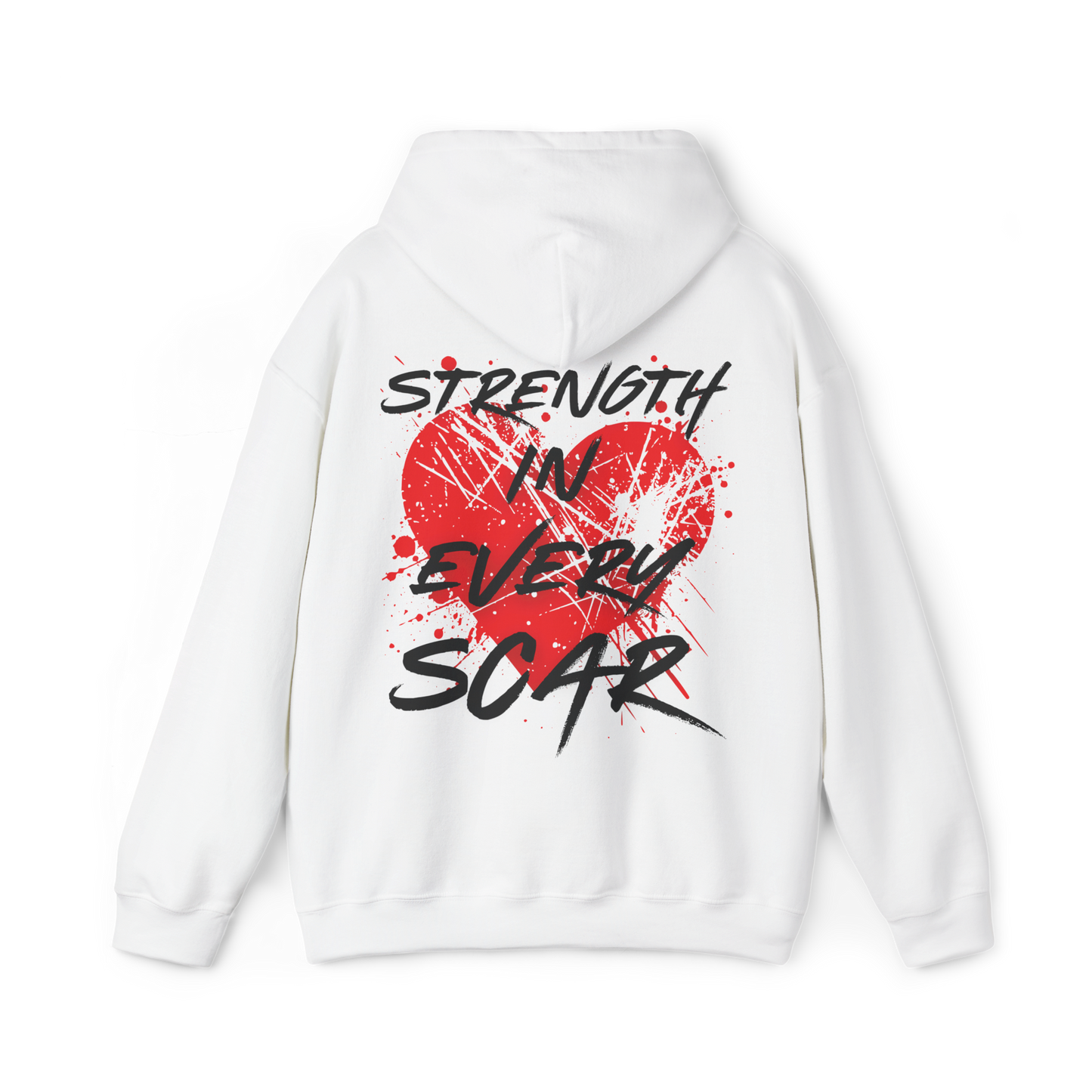 Back of the Scarred women's white Hoodie β striking 'Strength in Every Scar' typography with a bold red heart and distressed graphic print, embodying resilience and Australian streetwear culture.