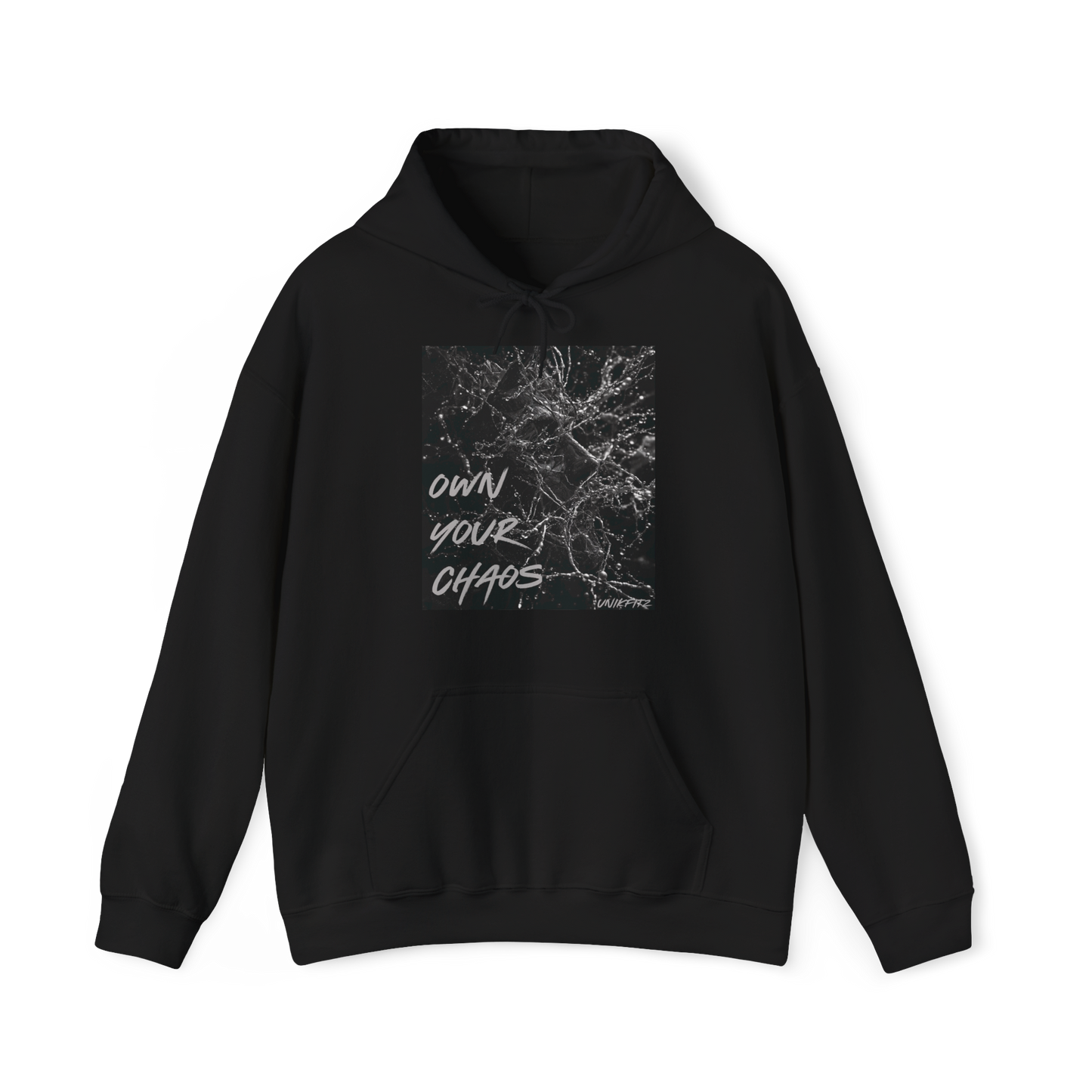 Silent Chaos Women's Hoodie by UNIKFITZ displayed front-facing, featuring a striking black-and-white shattered glass graphic with motivational text. This essential hoodie blends bold streetwear aesthetics with premium comfort, perfect for gym wear, layering, and everyday women's fashion