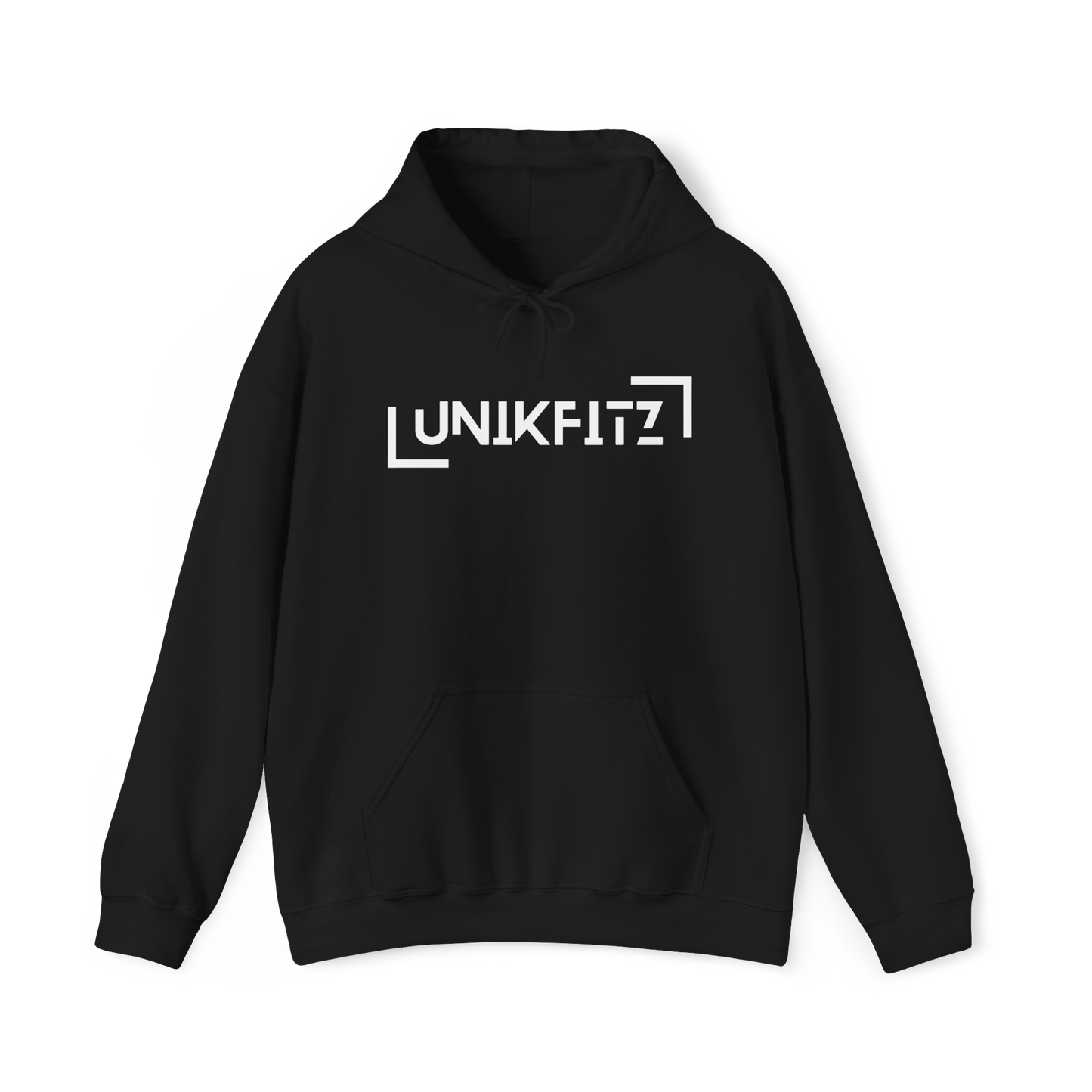 UNIKFITZ women's Hoodie in full front view—sleek black, minimalistic design with statement branding. Perfect for women's streetwear, gym wear, and essential t-shirt styling for modern urban fashion
