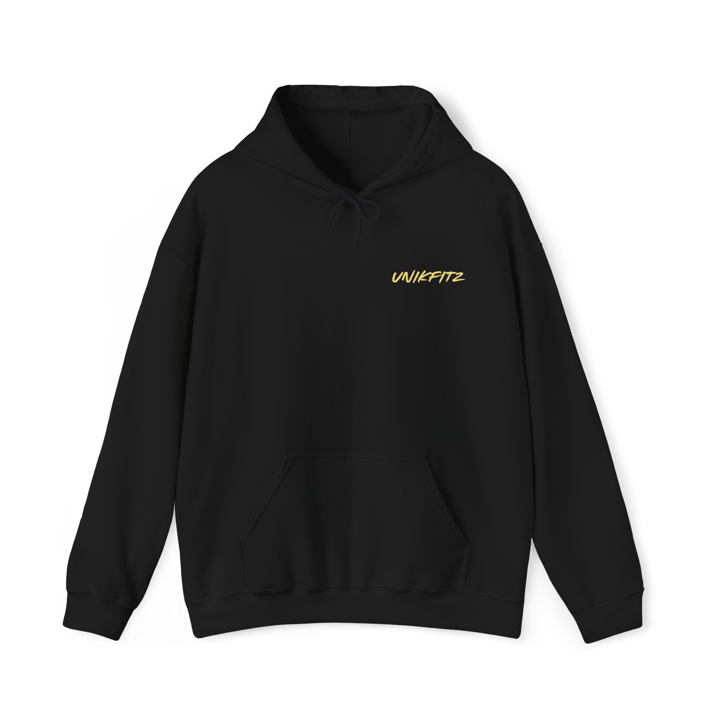 Unbroken Men's black Hoodie – sleek black Australian streetwear hoodie with minimalist UNIKFITZ logo in gold, classic fit for men's wear, gym-ready street wear.