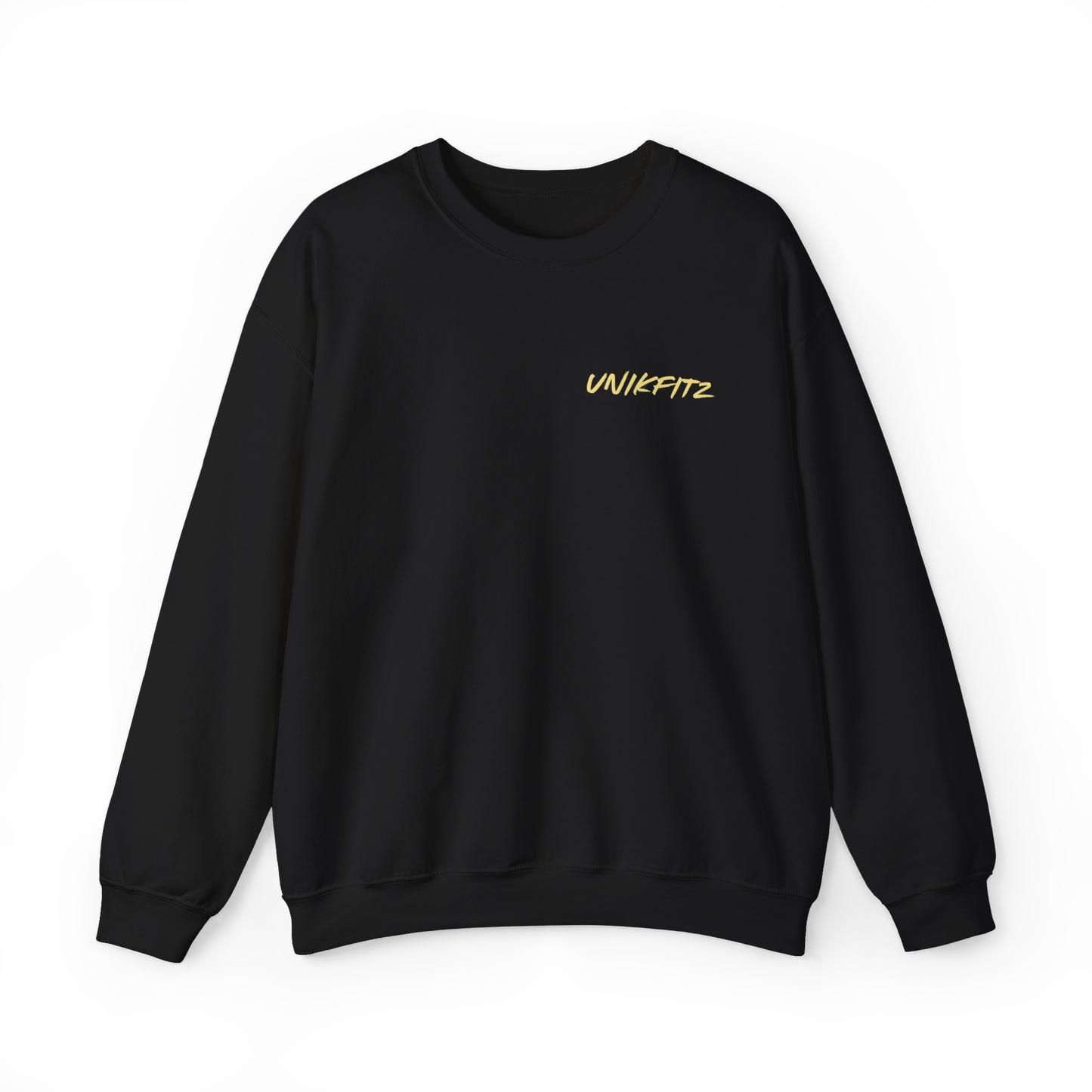 Front view of the Unbroken Men's Sweatshirt in black by UNIKFITZ, featuring a clean, structured fit with a bold yellow UNIKFITZ logo on the chest. A premium men's wear streetwear essential, designed for gym sessions, casual outings, and layering.