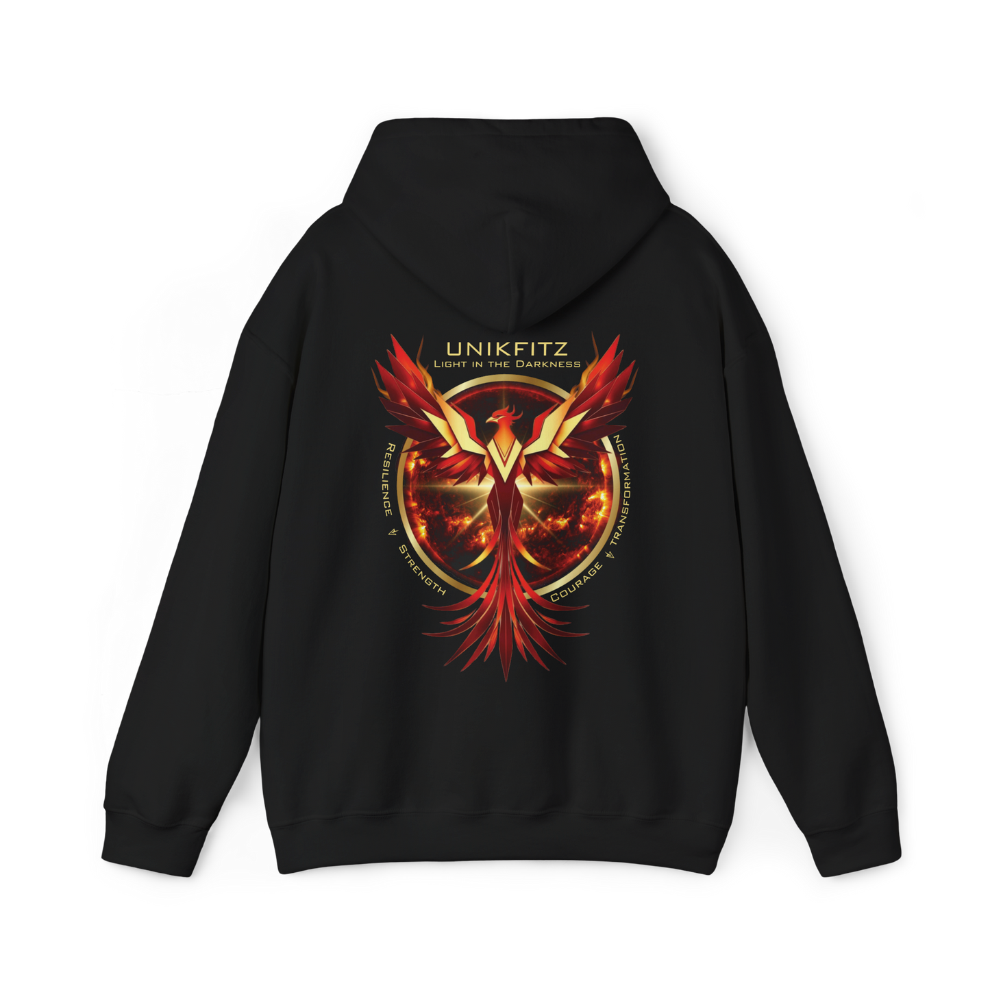 Back of Unbroken women's black Hoodie – bold phoenix graphic with ‘Light in the Darkness’ typography, symbolizing strength and resilience in urban street wear and women's clothing gym fashion.