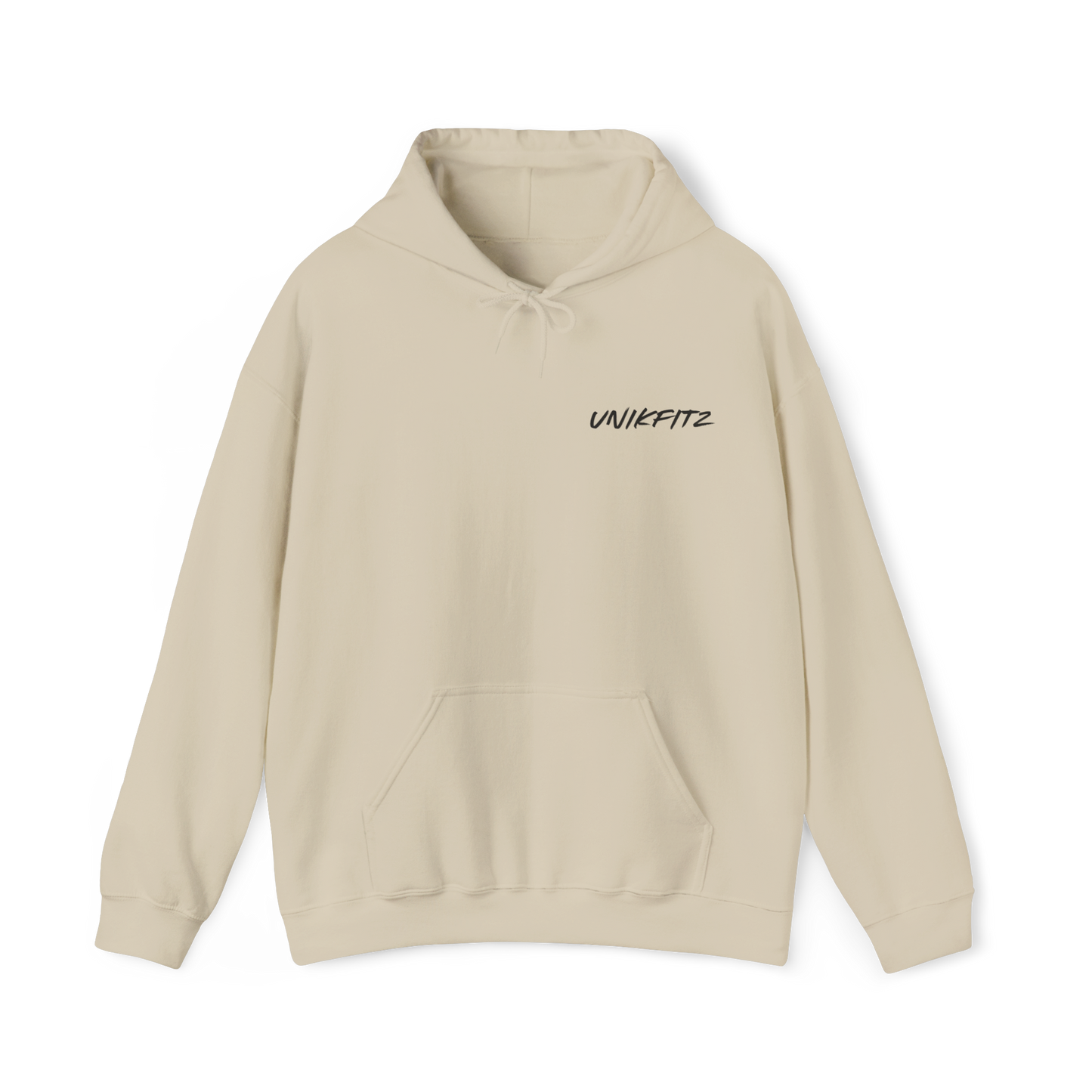 Unstoppable Men's Hoodie by UNIKFITZ in beige, featuring a bold minimalist chest logo. Designed for streetwear enthusiasts and gym-goers, this essential t-shirt alternative is perfect for everyday wear.