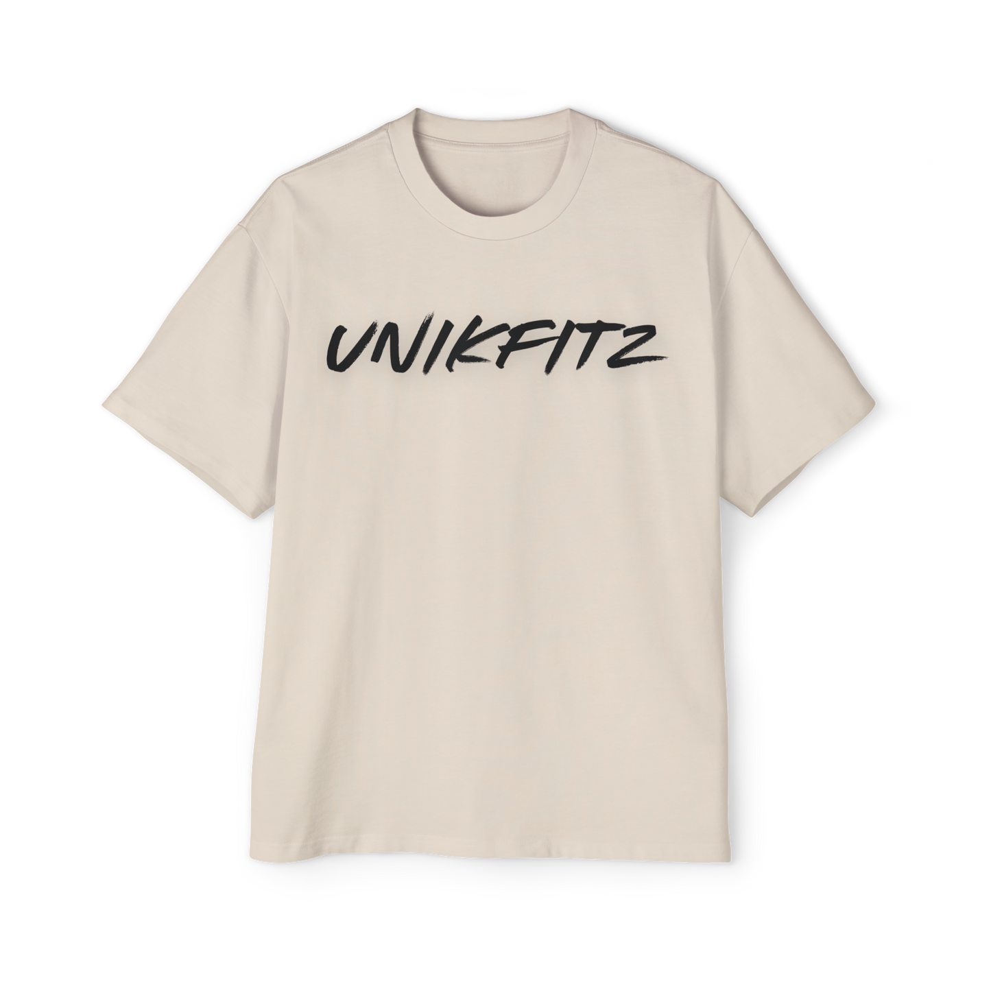 Born to Disrupt oversized t-shirt in beige, featuring a bold 'UNIKFITZ' logo on the front. This premium Australian streetwear men's clothing piece is crafted from heavyweight cotton for a structured fit, making it a men’s t-shirt essential for streetwear lovers and gym enthusiasts