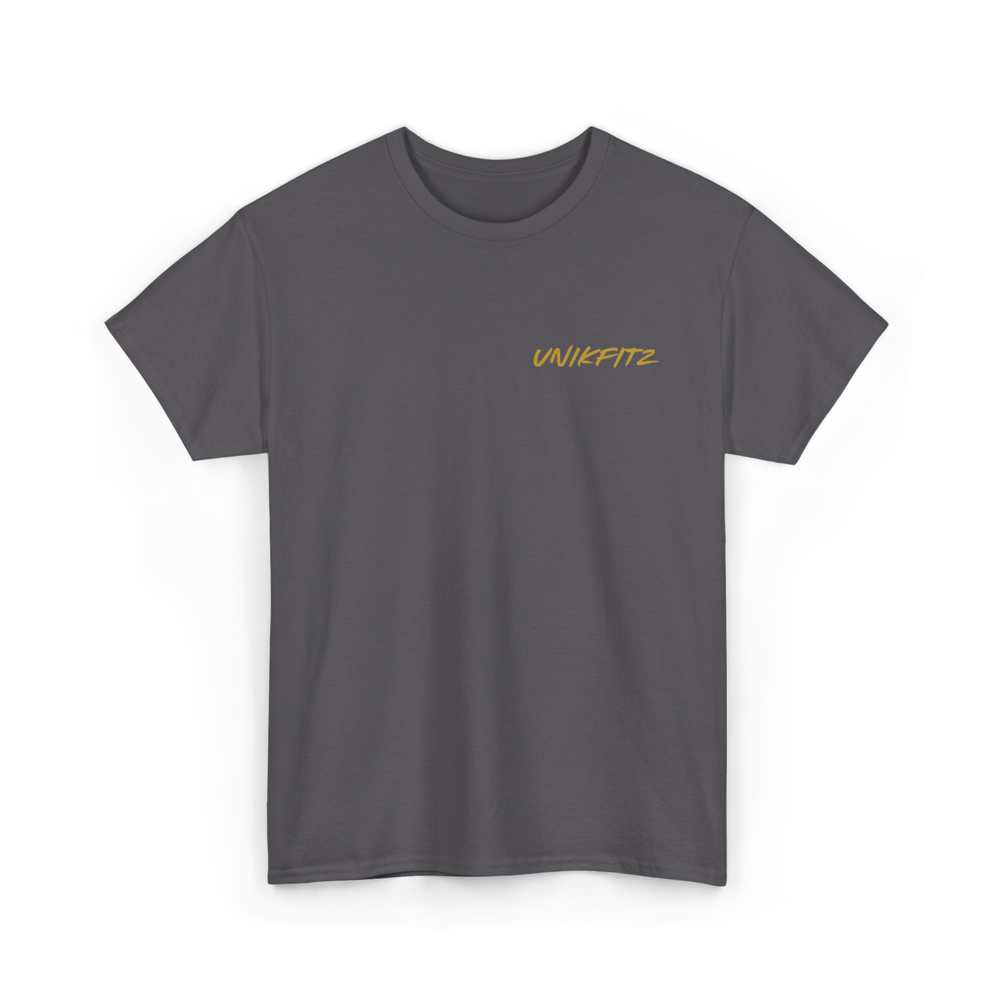 Flat-lay image of the Rise & Soar Women's T-Shirt in charcoal, showcasing its minimalist front design with the UNIKFITZ logo in gold. A must-have for Australian streetwear lovers, this essential t-shirt for women blends comfort and style effortlessly.