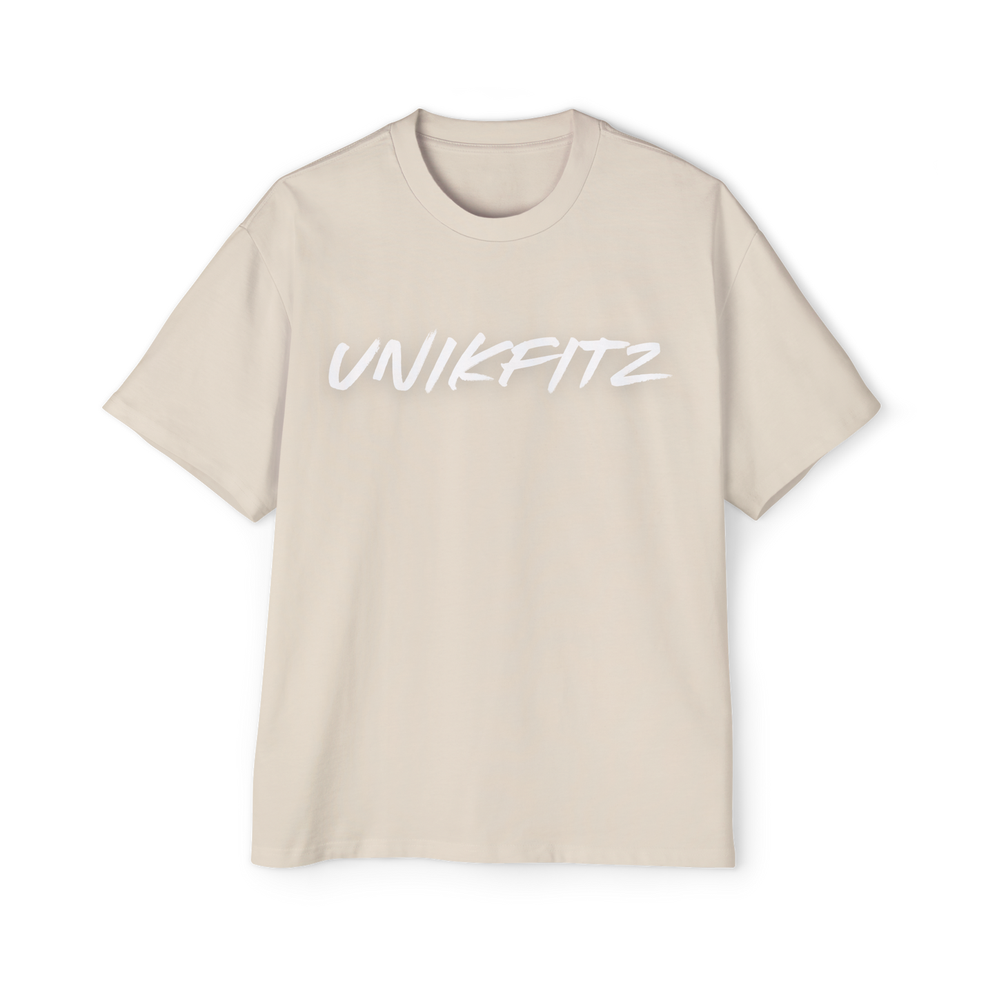 Essential men's t-shirt in beige from Australian streetwear brand UNIKFITZ, featuring a bold front logo. A staple piece for street wear enthusiasts and men's clothing gym looks