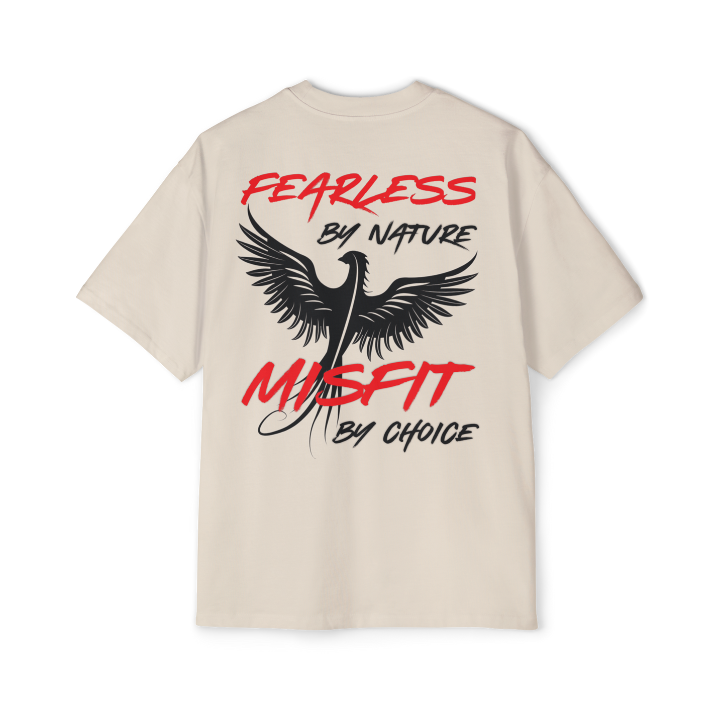 Back view of the beige Rise & Soar Women's T-Shirt by UNIKFITZ, showcasing a bold phoenix graphic with the phrase 'Fearless by Nature, Misfit by Choice.' Designed for urban streetwear and gym wear, this women's t-shirt essential is crafted for those who embrace individuality and strength.