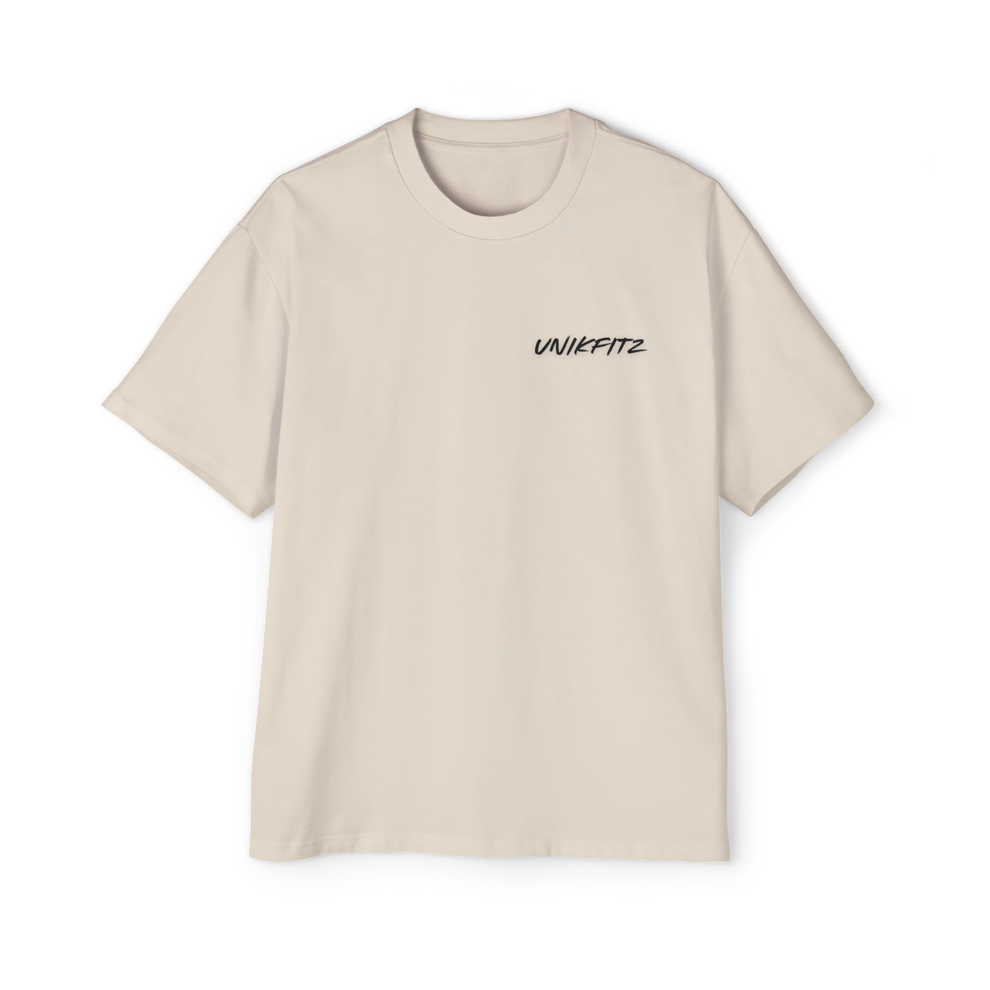 Front view of the Rise & Soar Women's T-Shirt in beige by UNIKFITZ. This essential t-shirt for women features a clean and simple UNIKFITZ logo, combining a relaxed oversized fit with premium heavyweight cotton construction, making it a must-have for women's wear enthusiasts.