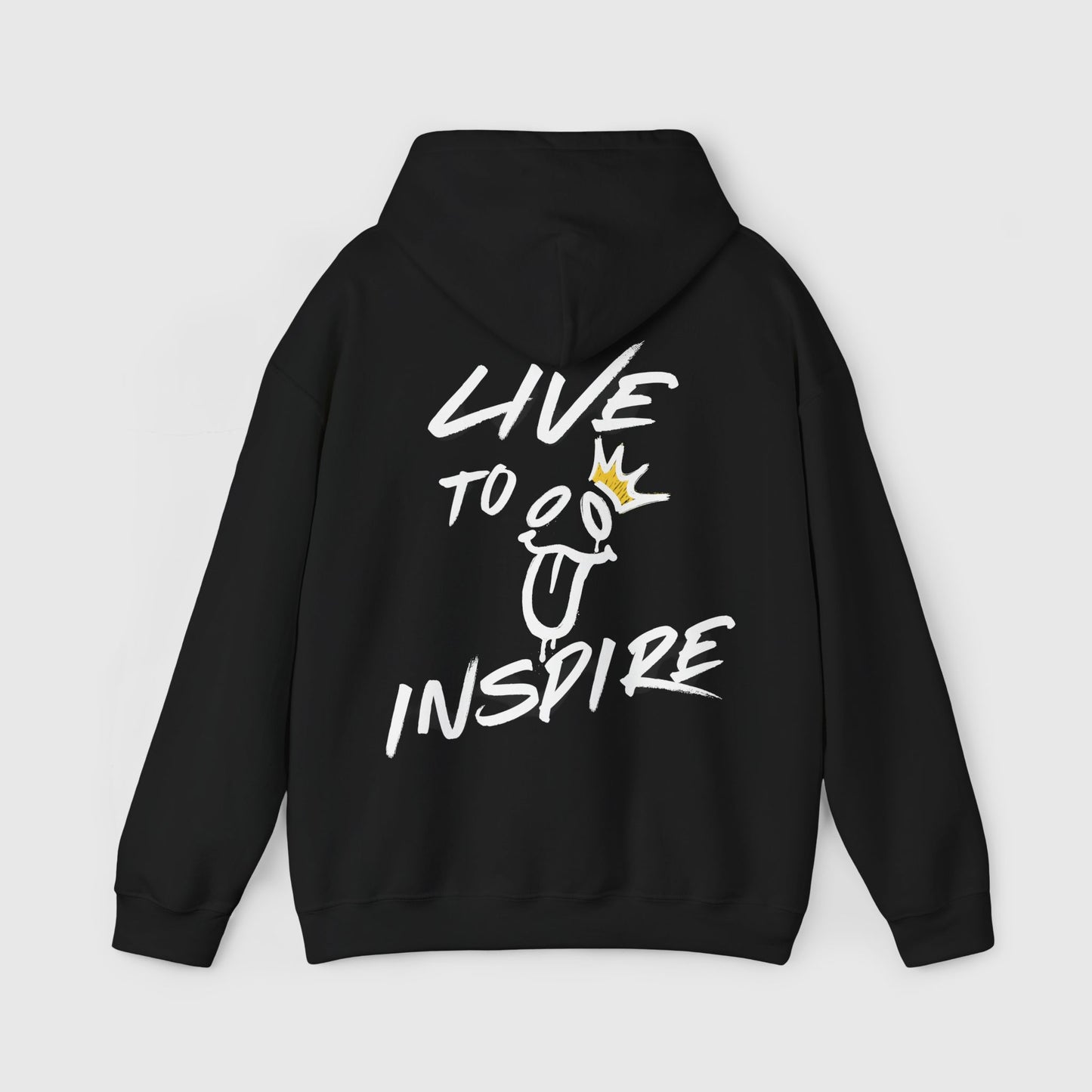 Full back view of a black men's essential hoodie with 'Live to Inspire' graffiti text and a crown design. A stylish choice for men's wear, gym outfits, or urban street wear looks.