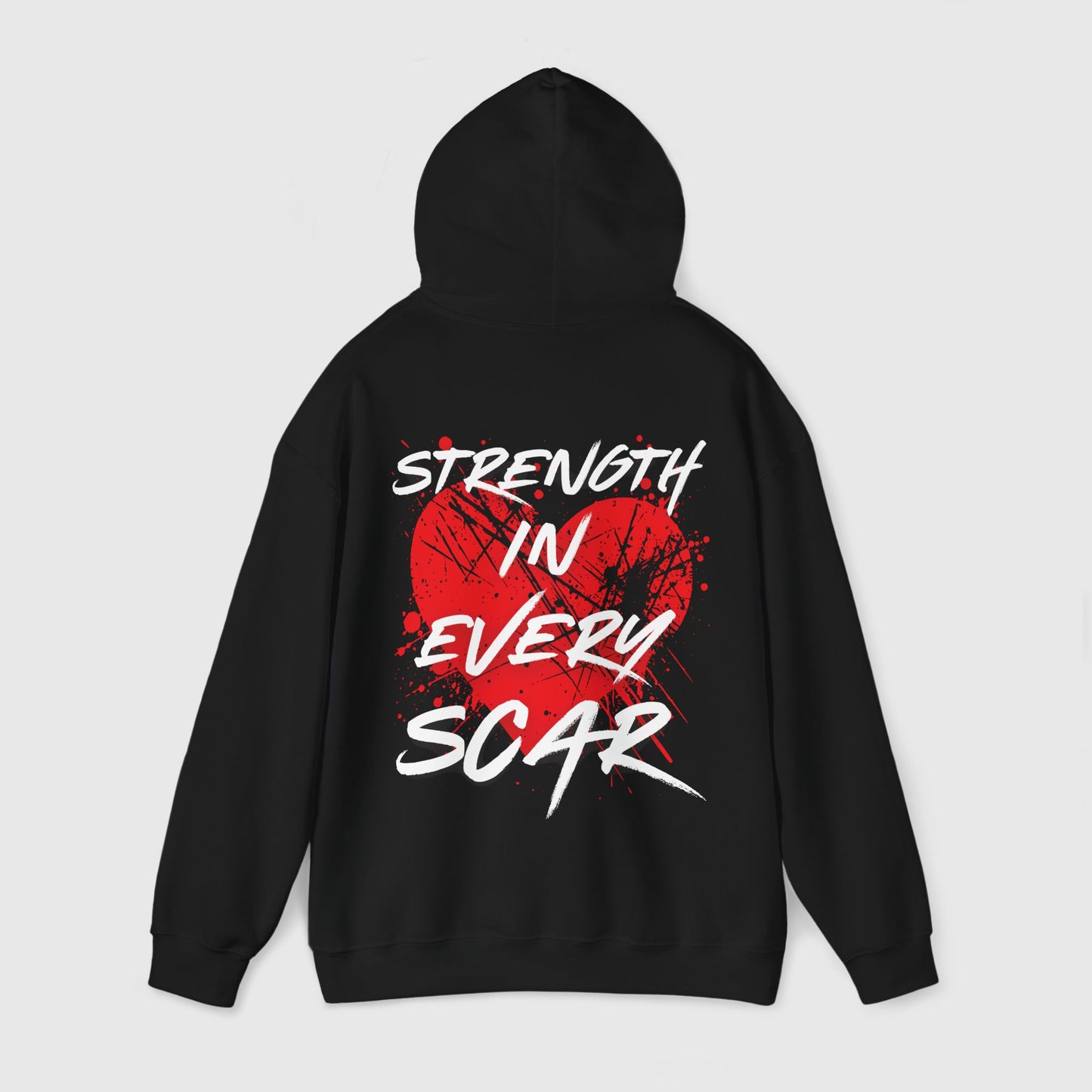 Back view of black men's hoodie with a bold red heart and 'Strength in Every Scar' design, ideal for streetwear and gym. Men's clothing that celebrates resilience and courage