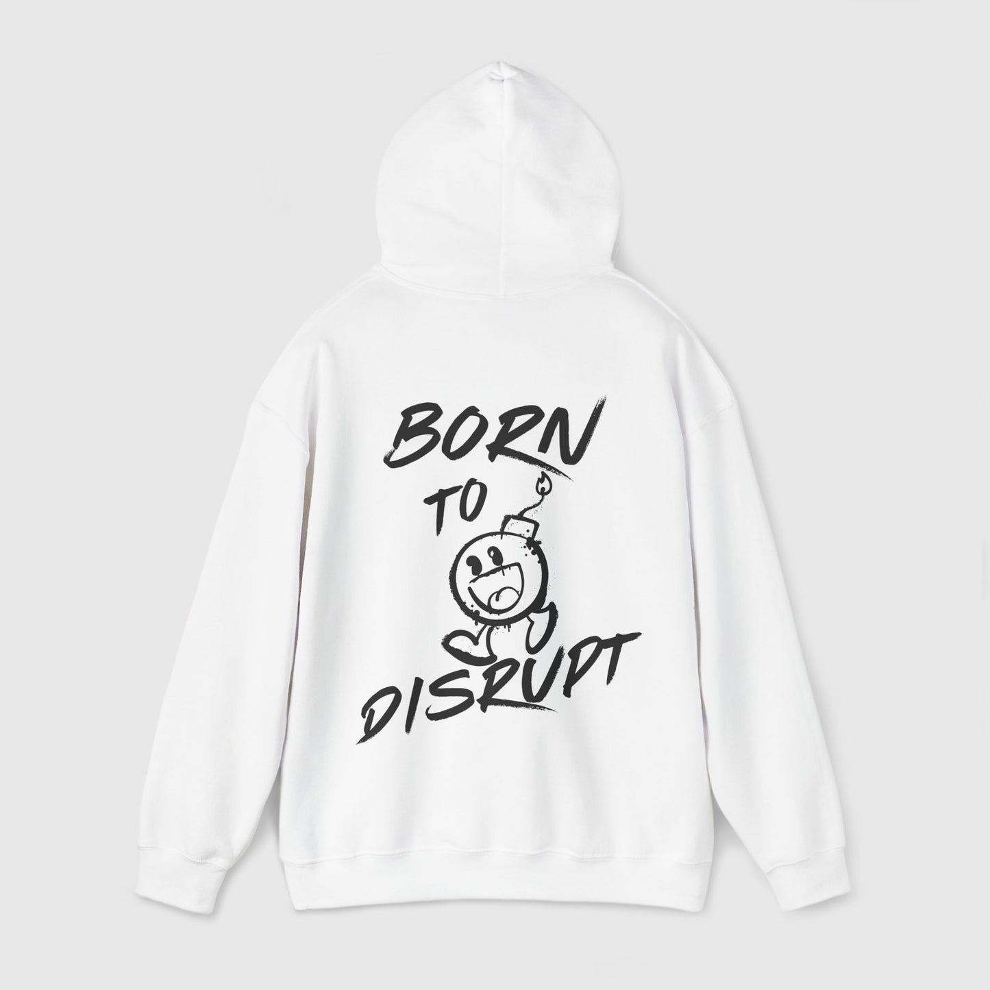 Back view of a men's essential hoodie in white, showcasing a bold 'Born to Disrupt' graphic with a playful cartoon bomb design. A statement piece for streetwear enthusiasts.