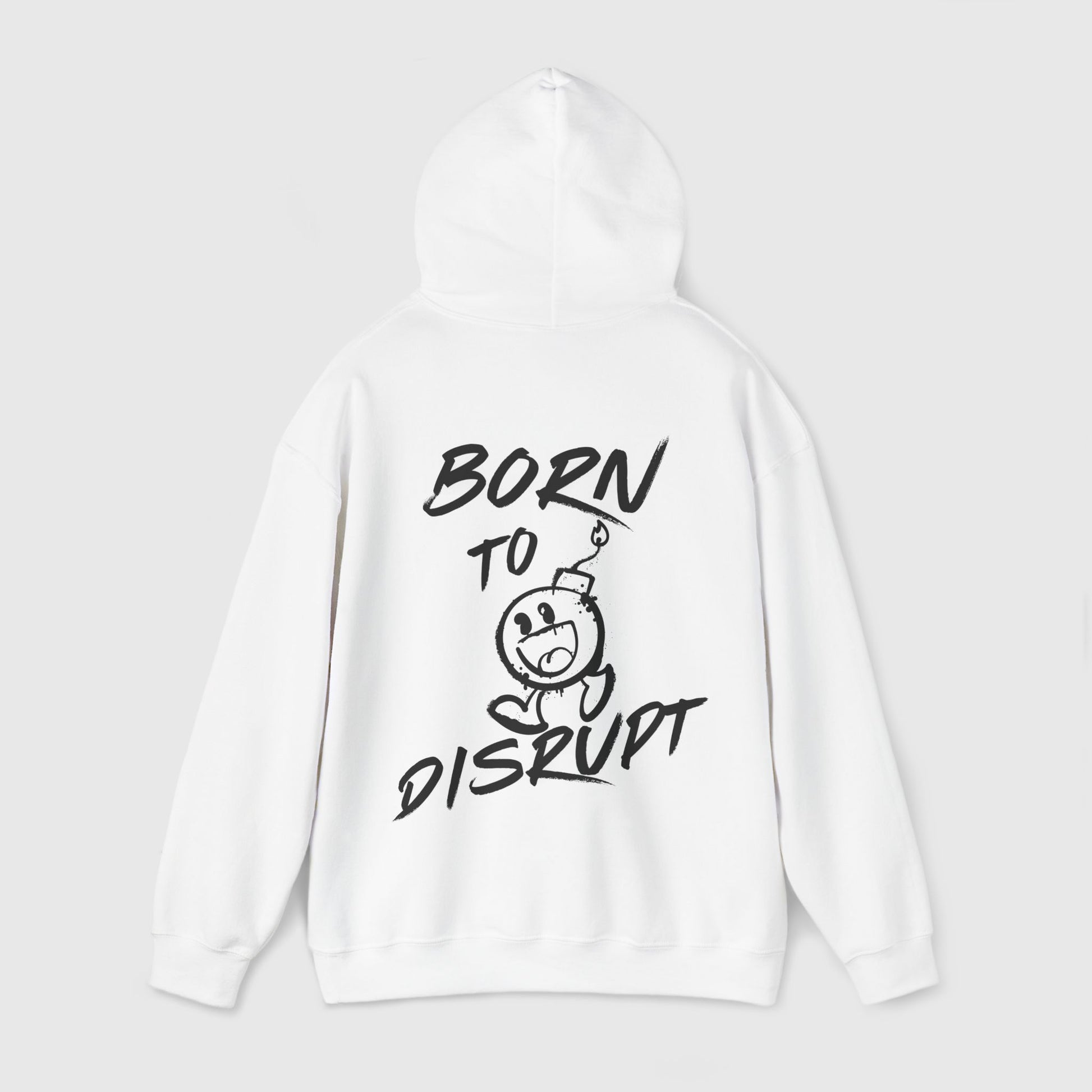 Back view of a men's essential hoodie in white, showcasing a bold 'Born to Disrupt' graphic with a playful cartoon bomb design. A statement piece for streetwear enthusiasts.