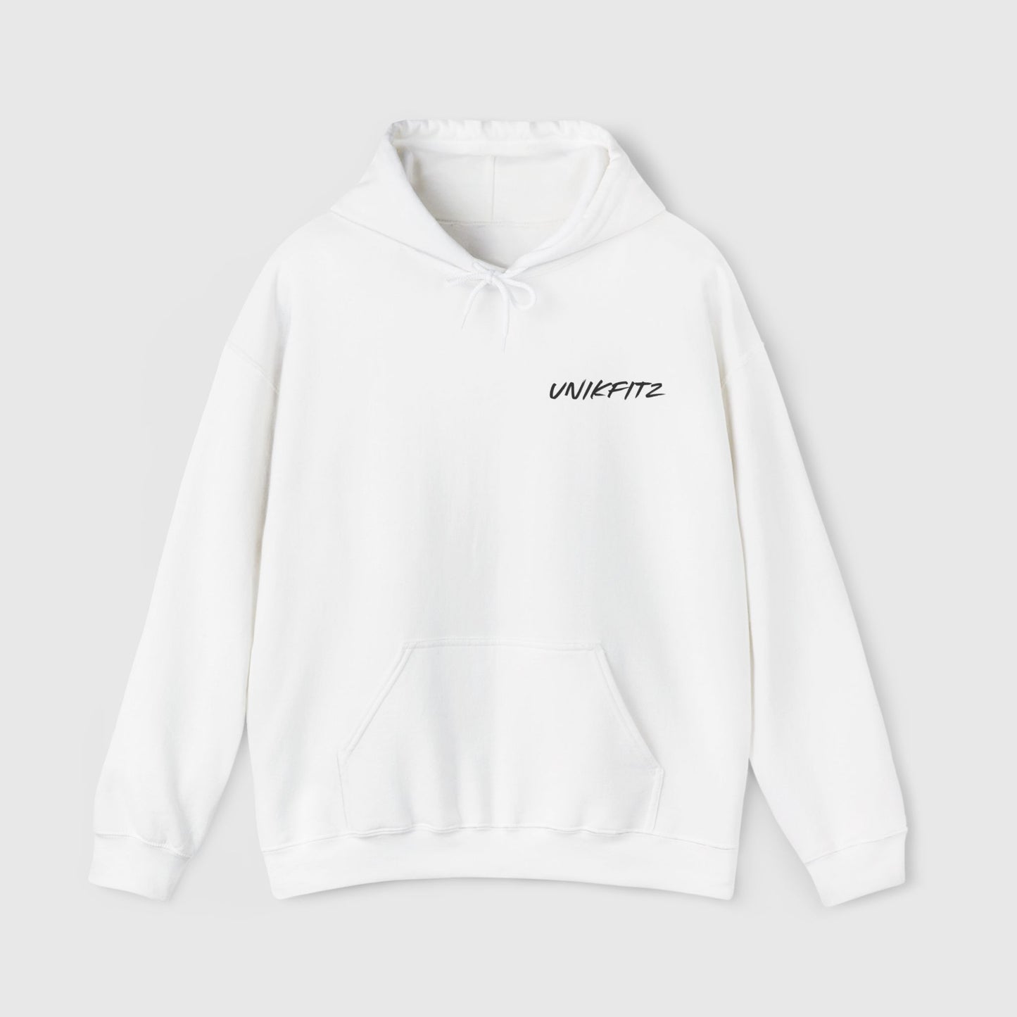 Men's white essential hoodie featuring a sleek UNIKFITZ logo on the chest. Perfect for streetwear enthusiasts, gym wear, and everyday men's clothing style.