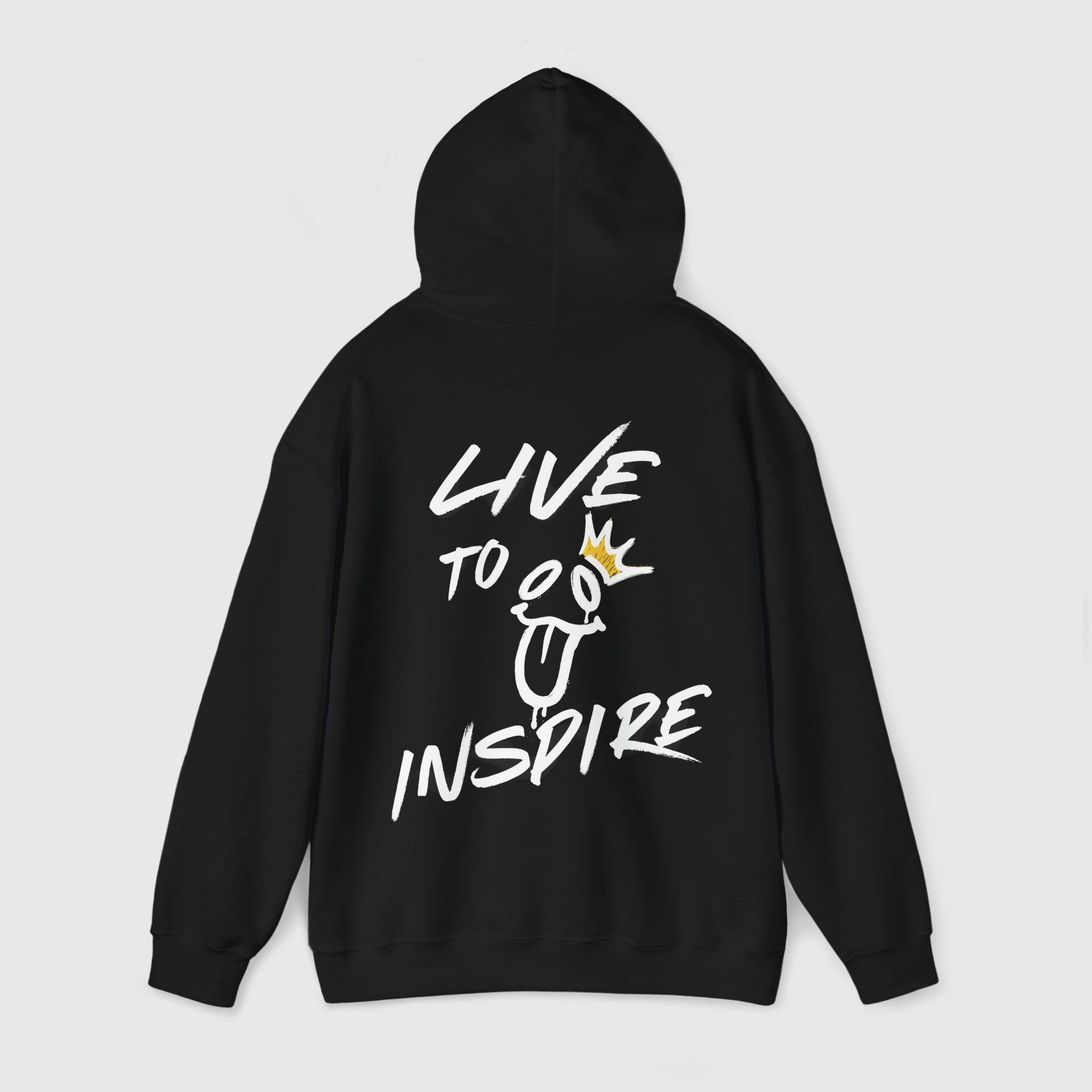 Back view of a black men's hoodie featuring bold white graffiti-style 'Live to Inspire' lettering with a playful crown and face design. Ideal for street wear and gym-inspired men's clothing