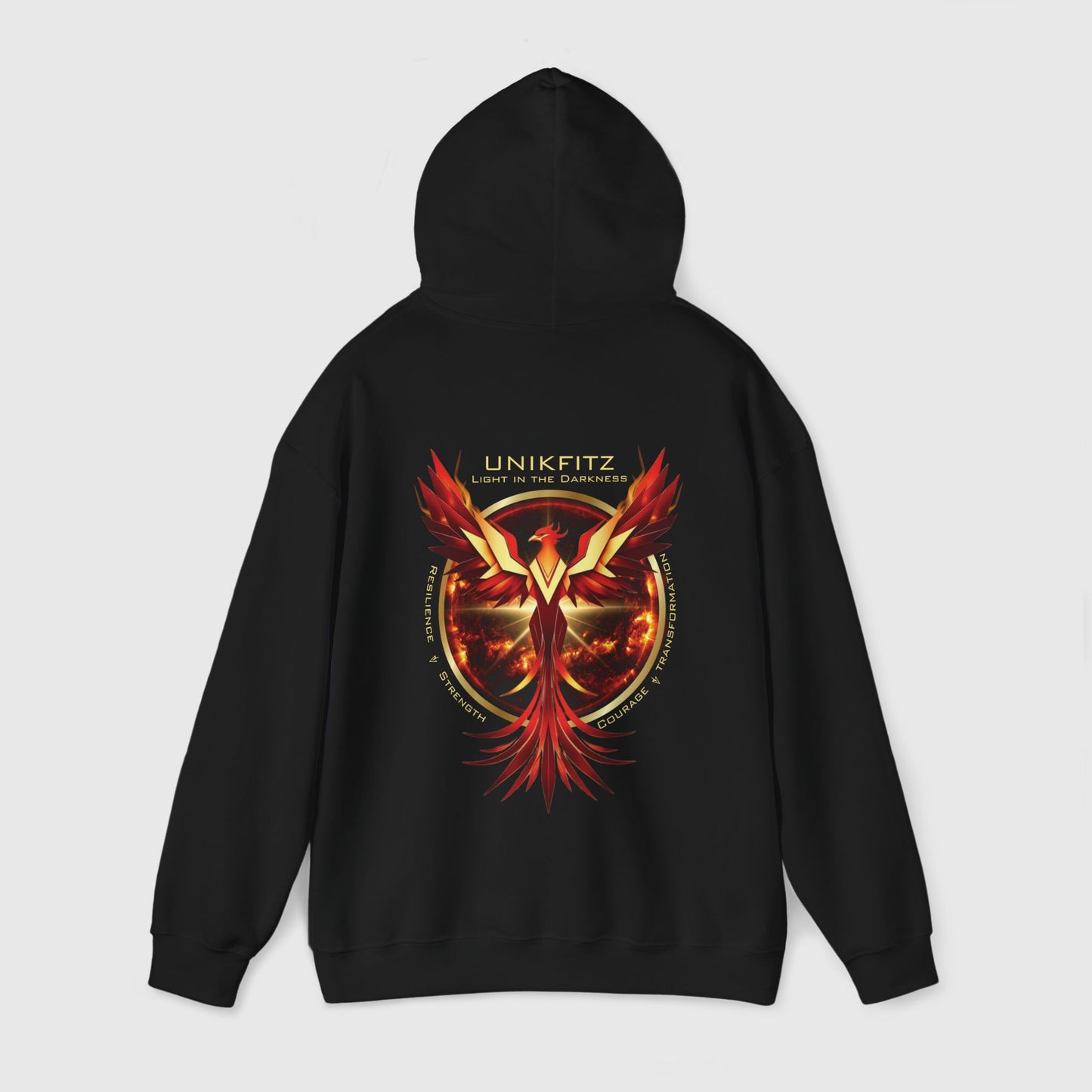 Back view of the UNIKFITZ black hoodie featuring a striking phoenix graphic in red and gold with inspiring text, embodying resilience, strength, and transformation for fearless misfits.