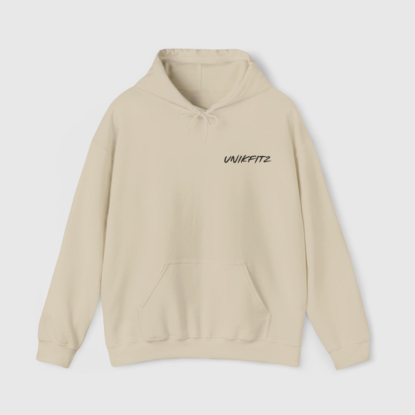 Cream-colored men's hoodie by UNIKFITZ showcasing a clean front design with a small embroidered logo, blending essential streetwear and men's wear aesthetics