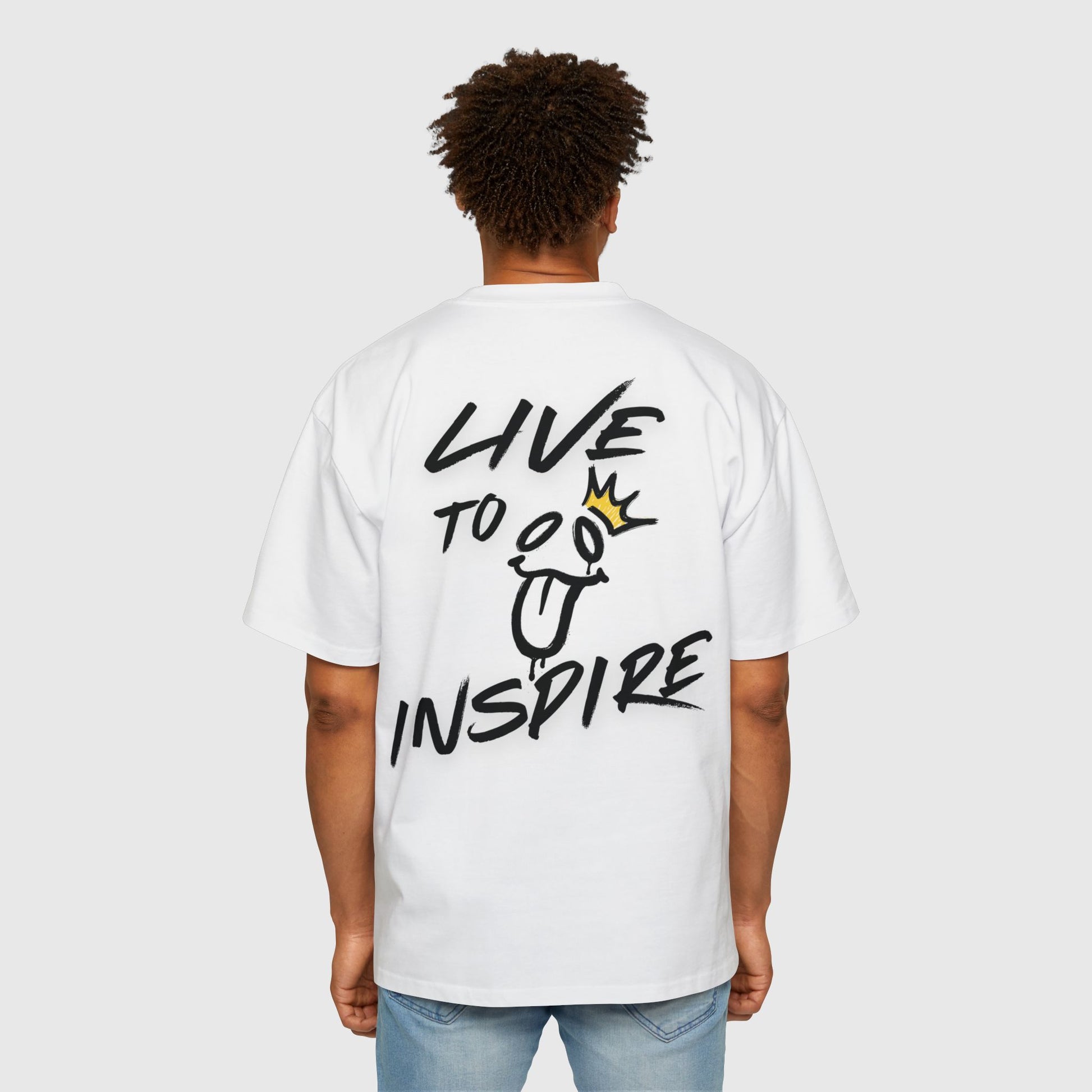 White streetwear men's T-shirt with 'Live to Inspire' lettering and a playful face design crowned with gold, emphasizing comfort and versatility for gym and casual settings.