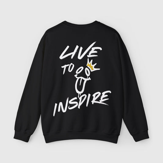 Black sweatshirt with a bold 'Live to Inspire' graphic on the back, featuring white typography and a playful crown design. A statement piece in men's clothing, perfect for gym and streetwear lovers