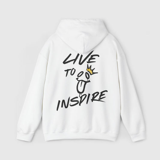 Back view of a white men's hoodie featuring the bold "Live to Inspire" graphic and a crown detail, perfect for street wear enthusiasts seeking a stylish and essential hoodie for men.