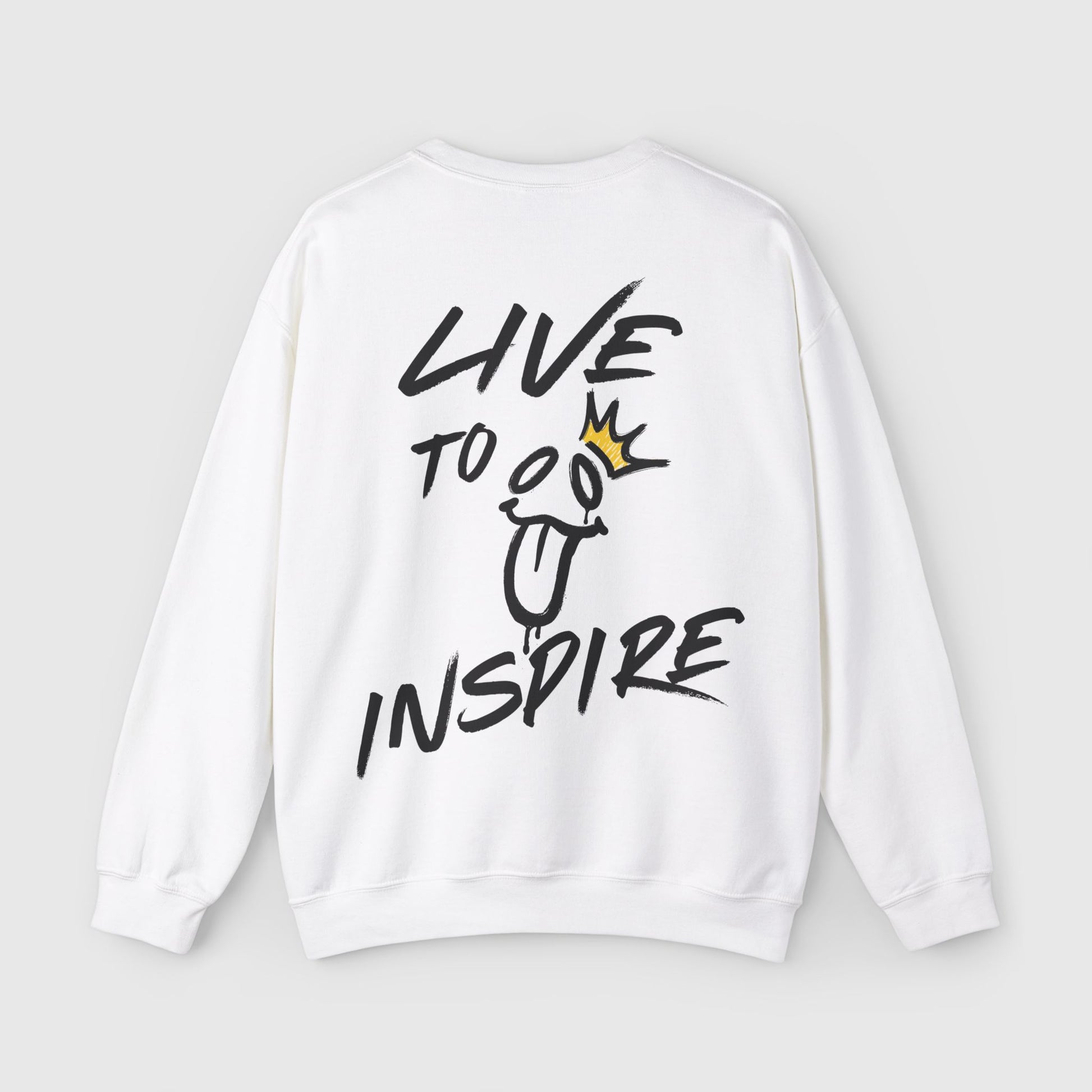 Back view of a white sweatshirt showcasing bold 'Live to Inspire' graffiti-style text and a playful graphic with a crown. A statement piece in men's wear, merging street wear aesthetics with essential sweatshirt comfort.