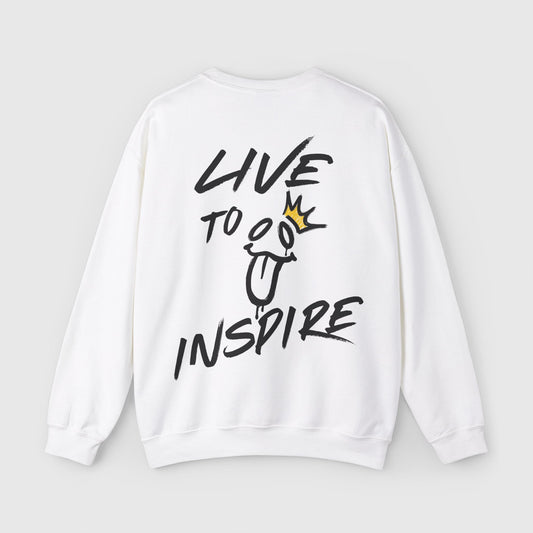 Back view of a white sweatshirt showcasing bold 'Live to Inspire' graffiti-style text and a playful graphic with a crown. A statement piece in men's wear, merging street wear aesthetics with essential sweatshirt comfort.