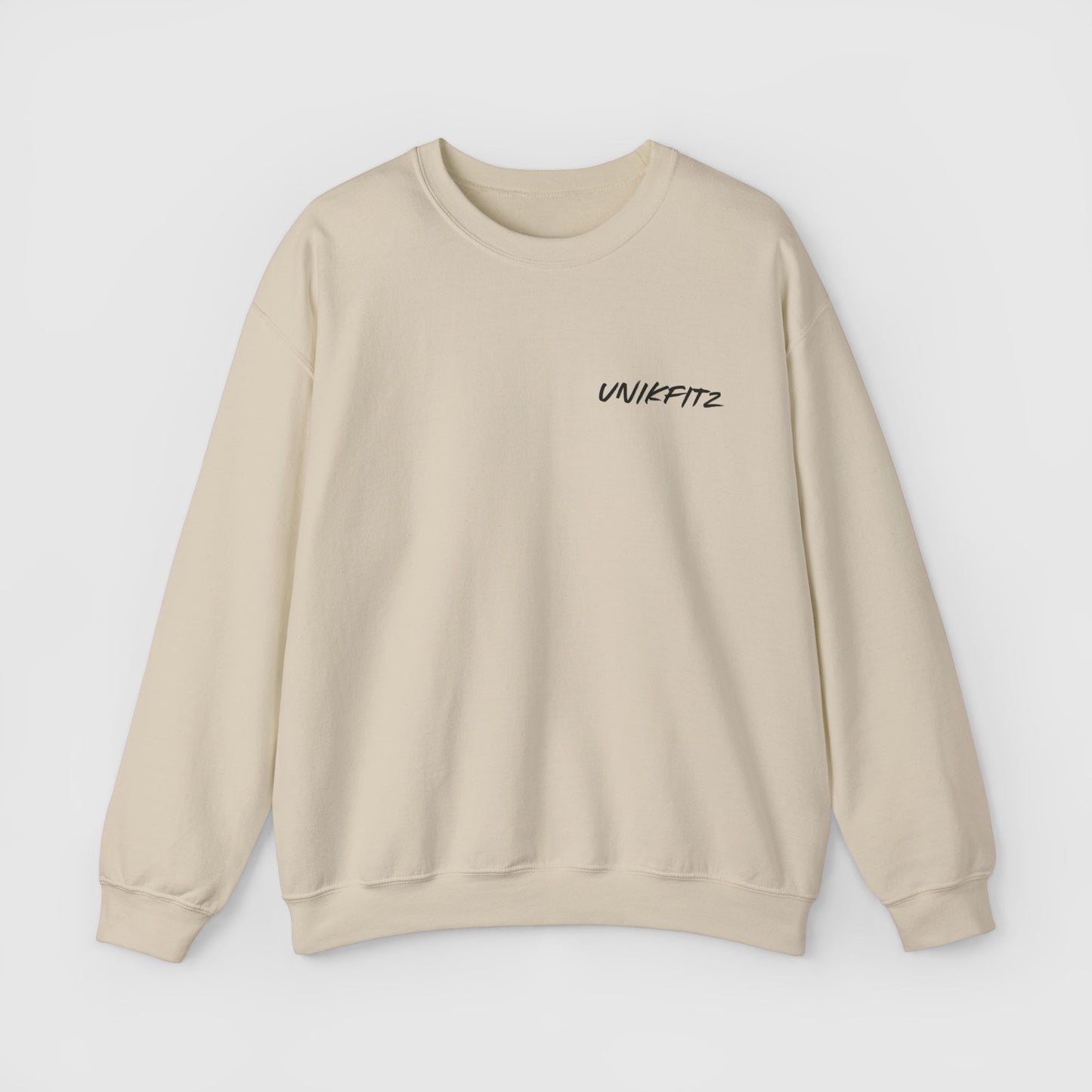 Beige men's sweatshirt with 'UNIKFITZ' logo on the front left chest. A versatile piece of men's wear ideal for streetwear, gym fashion, and everyday essentials