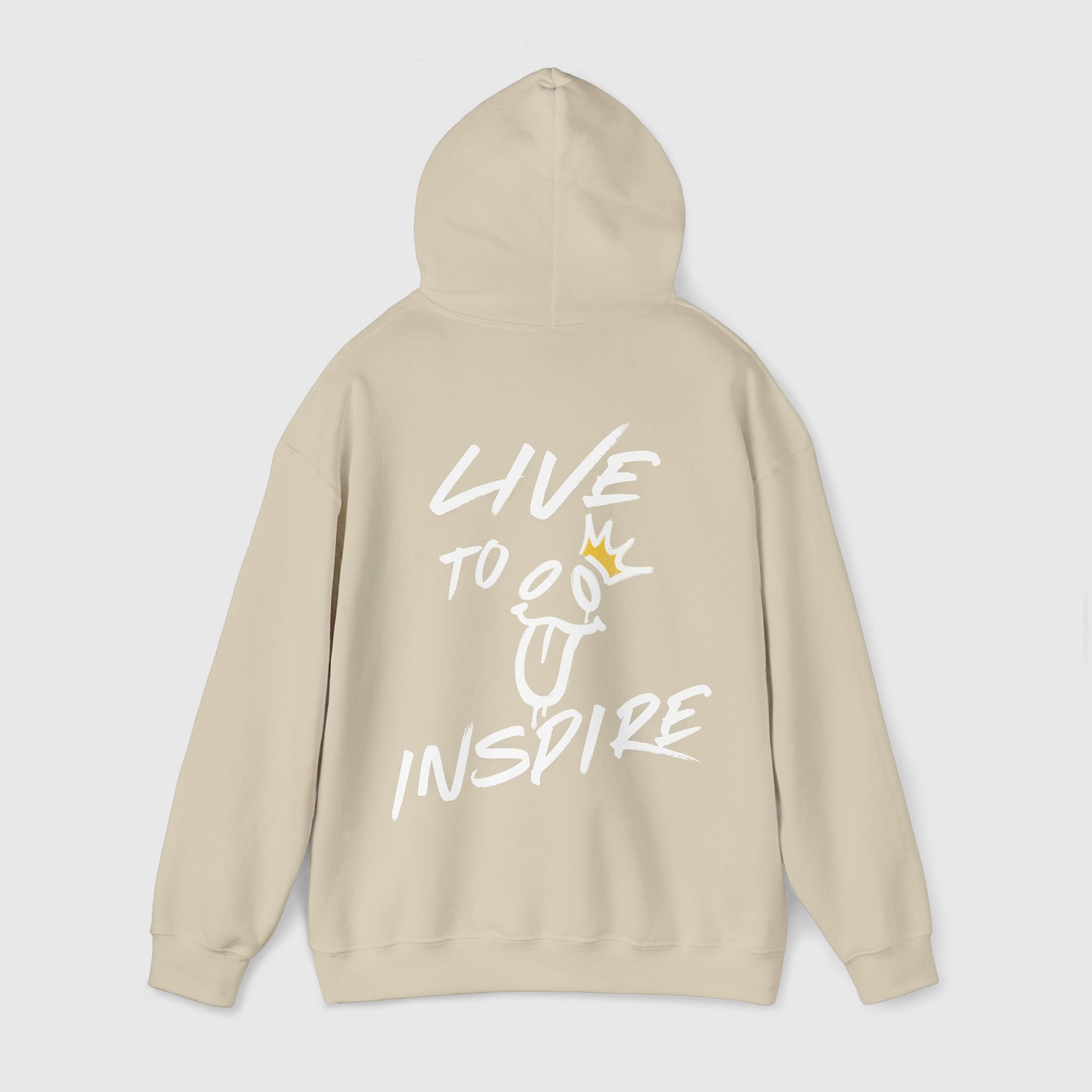 Back view of a beige men's hoodie with a bold 'LIVE TO INSPIRE' graphic, showcasing streetwear flair for men who embrace individuality in men's wear and essential hoodies.