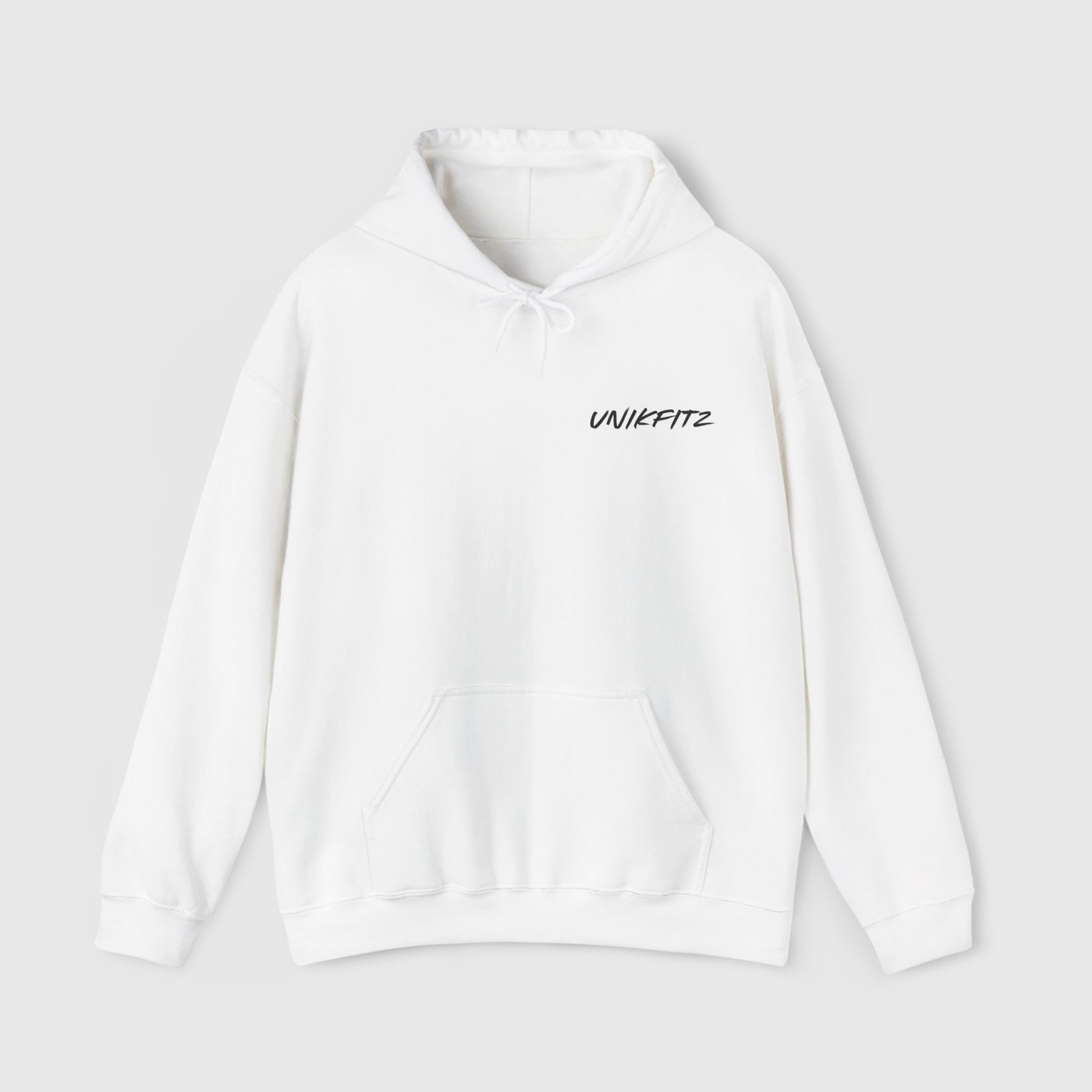 Front view of a white men's hoodie with minimalist 'UNIKFITZ' branding on the chest. A versatile men's hoodie perfect for gym, streetwear, and casual men's clothing