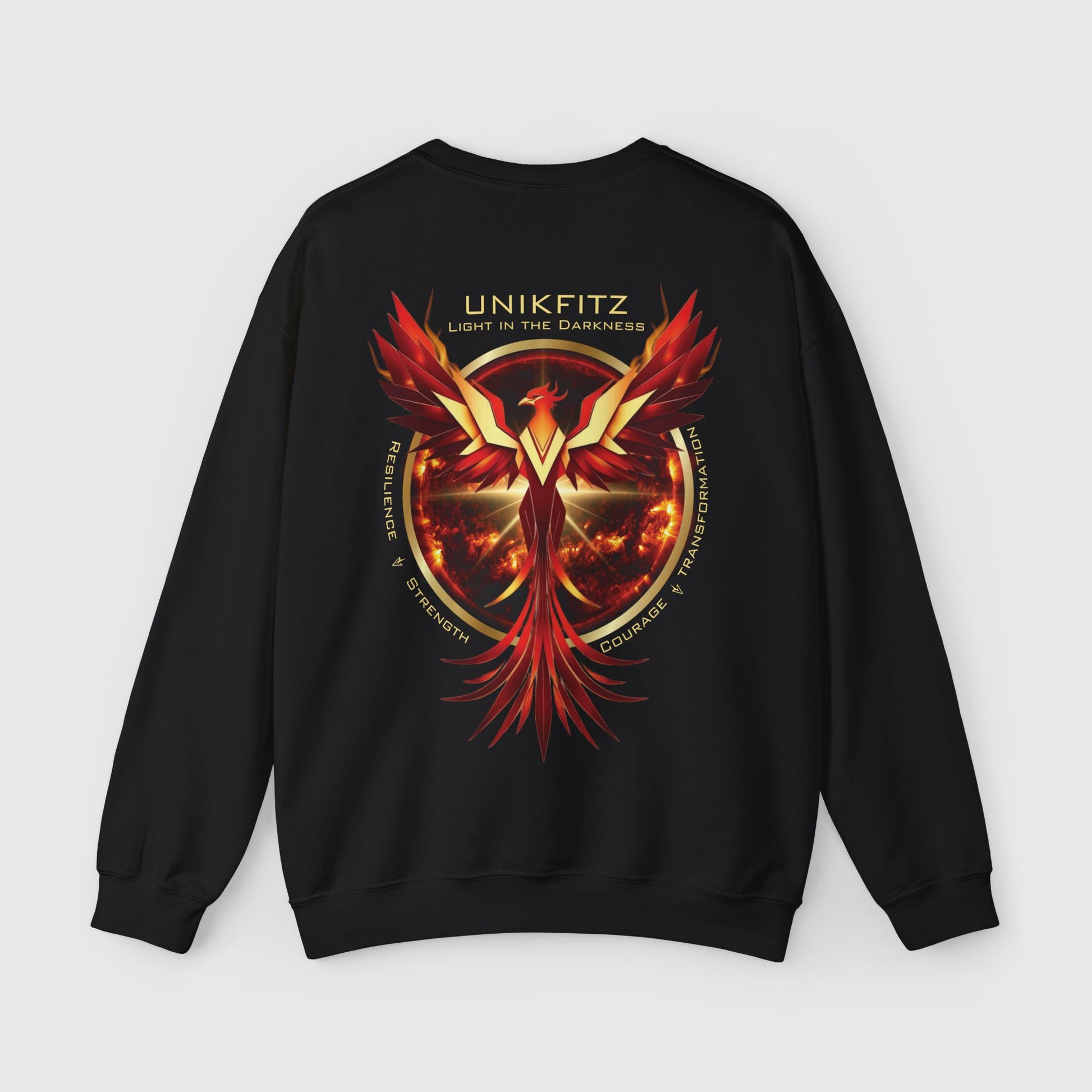 Back view of a black sweatshirt featuring a striking phoenix design with vibrant red and gold hues. Perfectly crafted for men's clothing lovers seeking bold streetwear statements and sweatshirt essentials