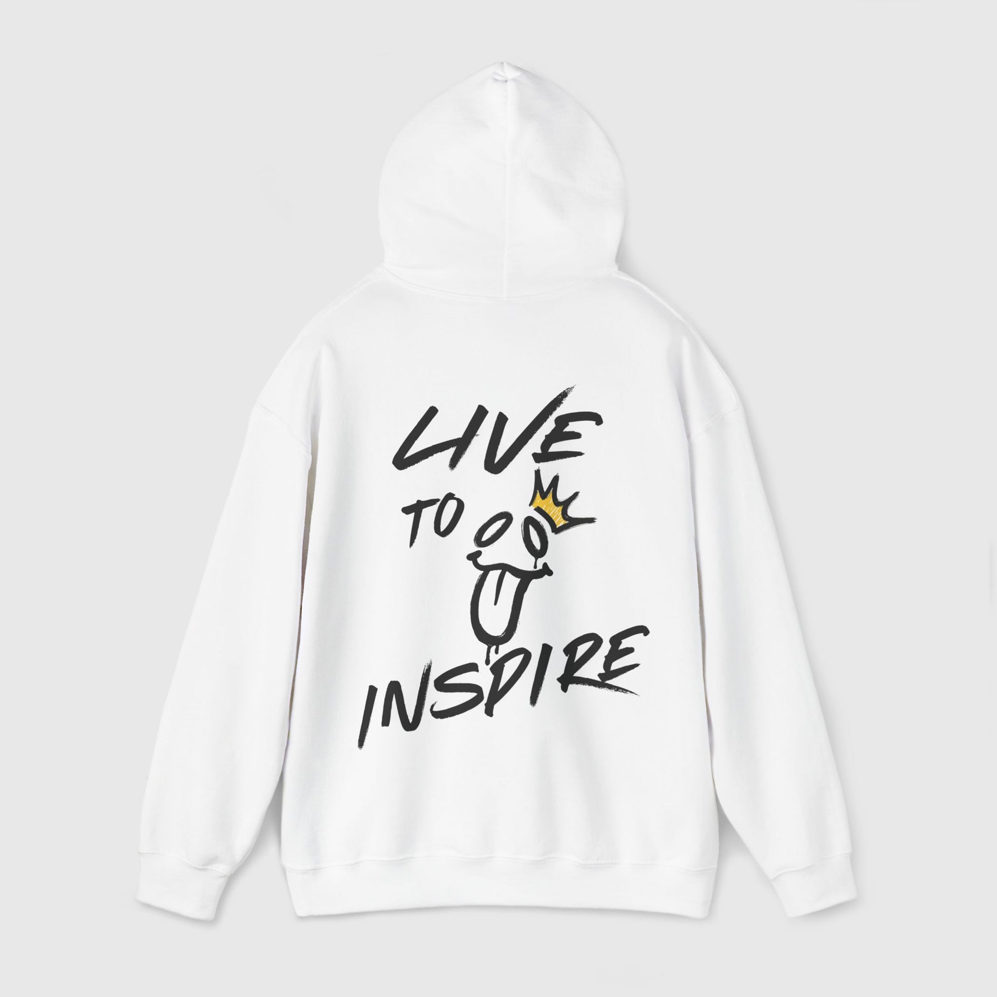 Back view of a white hoodie featuring a bold graphic of "Live to Inspire" and a playful crown illustration, perfect for streetwear enthusiasts. A must-have essential hoodie for men