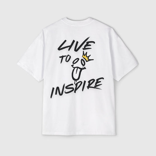 White streetwear men's T-shirt with 'Live to Inspire' lettering and a playful face design crowned with gold, emphasizing comfort and versatility for gym and casual settings.