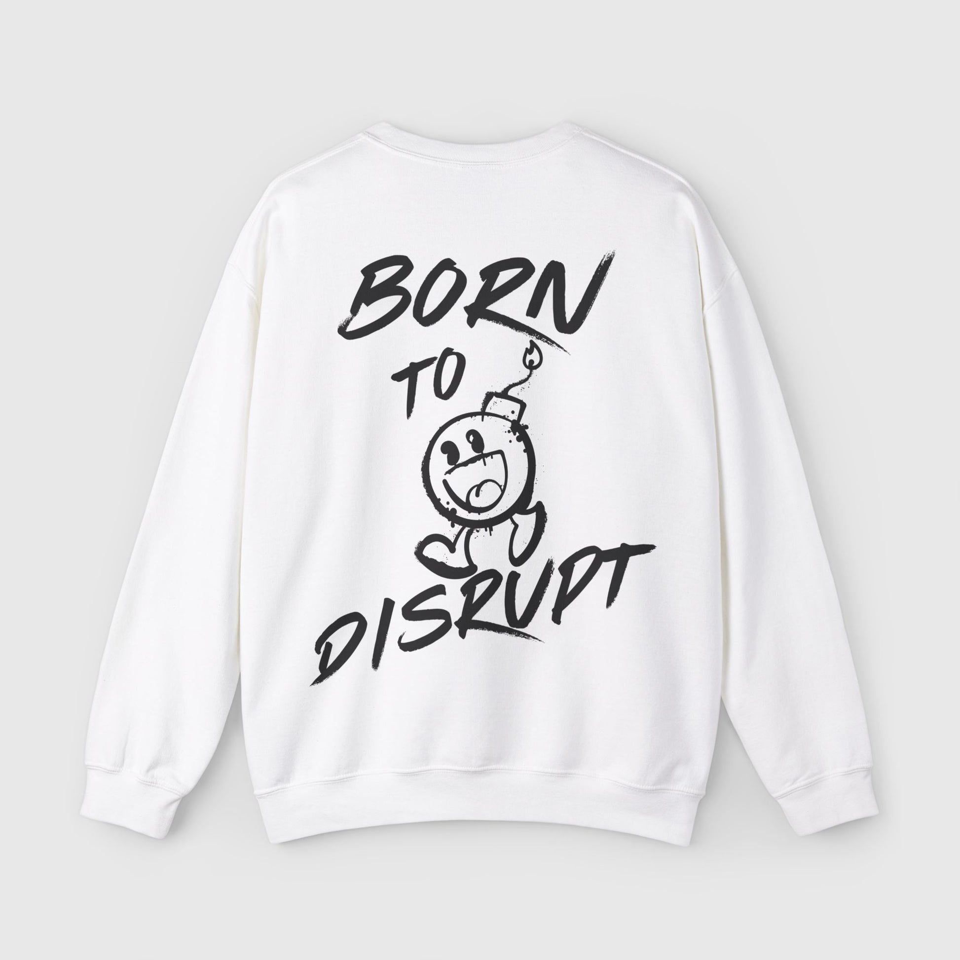 Back view of a white men's sweatshirt with bold 'Born to Disrupt' typography and a playful graphic, ideal for street wear enthusiasts and gym-goers. A sweatshirt essential for men who embrace individuality.