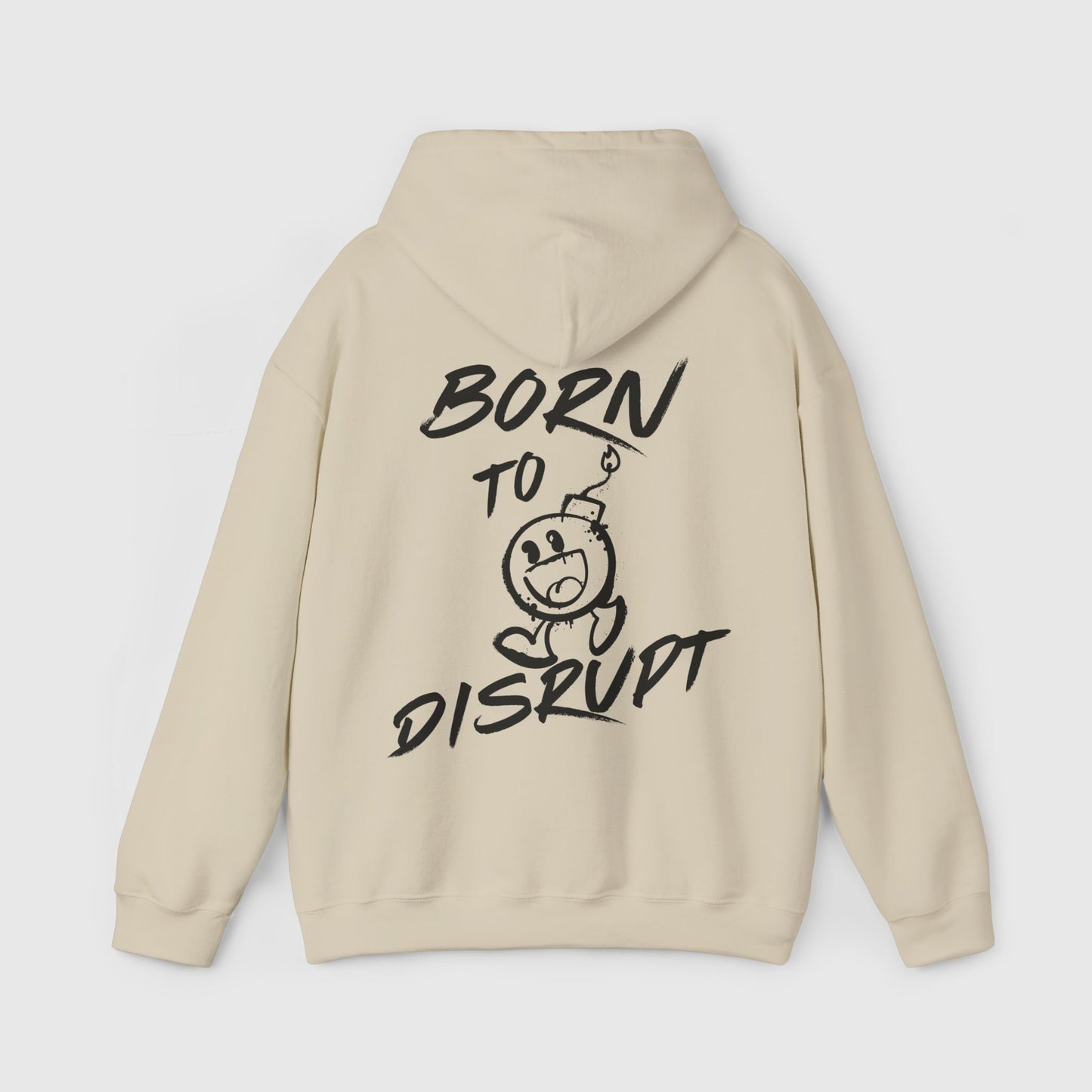 Back view of a men's hoodie in light beige featuring the bold 'Born to Disrupt' graphic with a playful cartoon bomb character. Perfect for streetwear and men's clothing gym styles