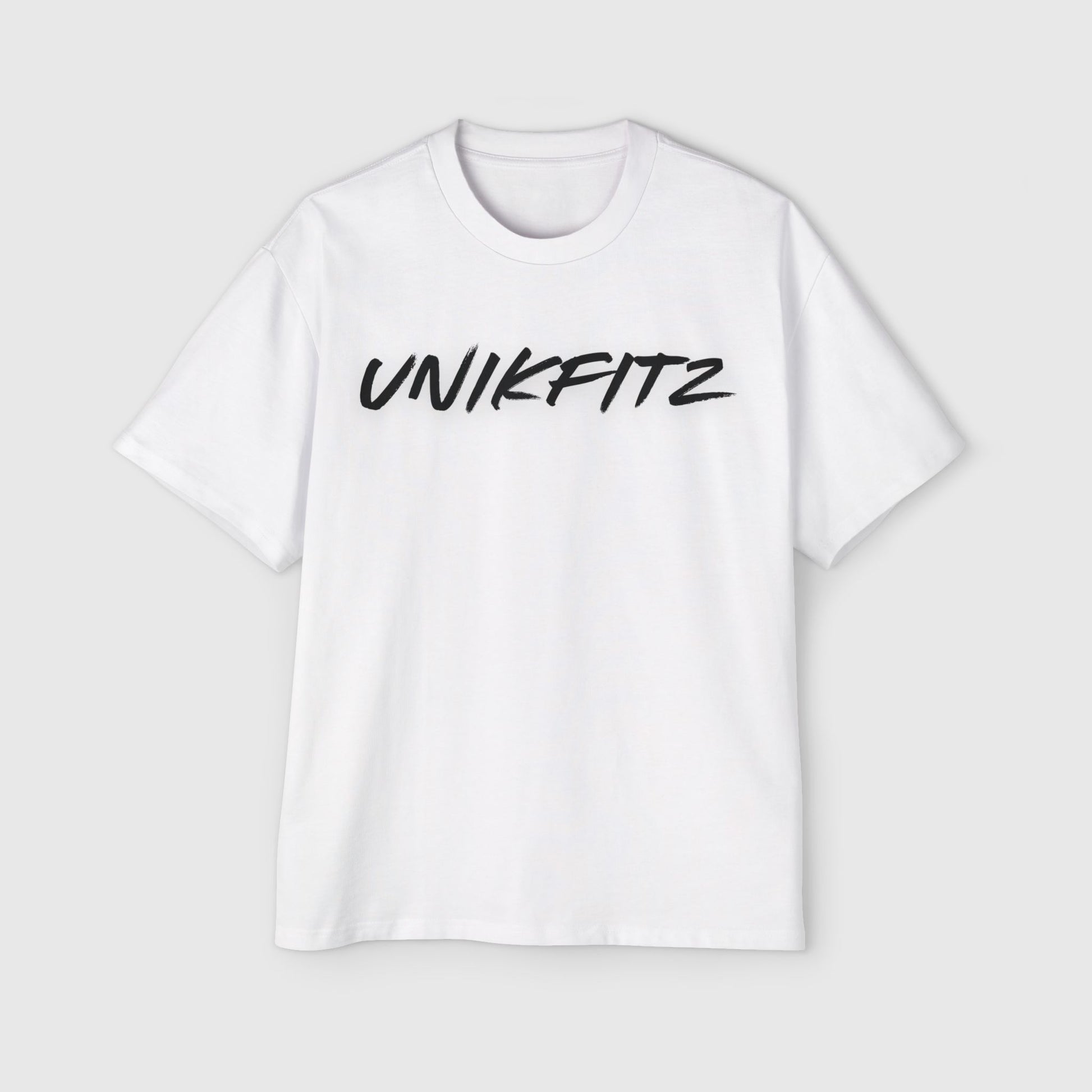 Men's white t-shirt with sleek black 'UNIKFITZ' logo, minimalist street wear essential for casual gym and daily outfits