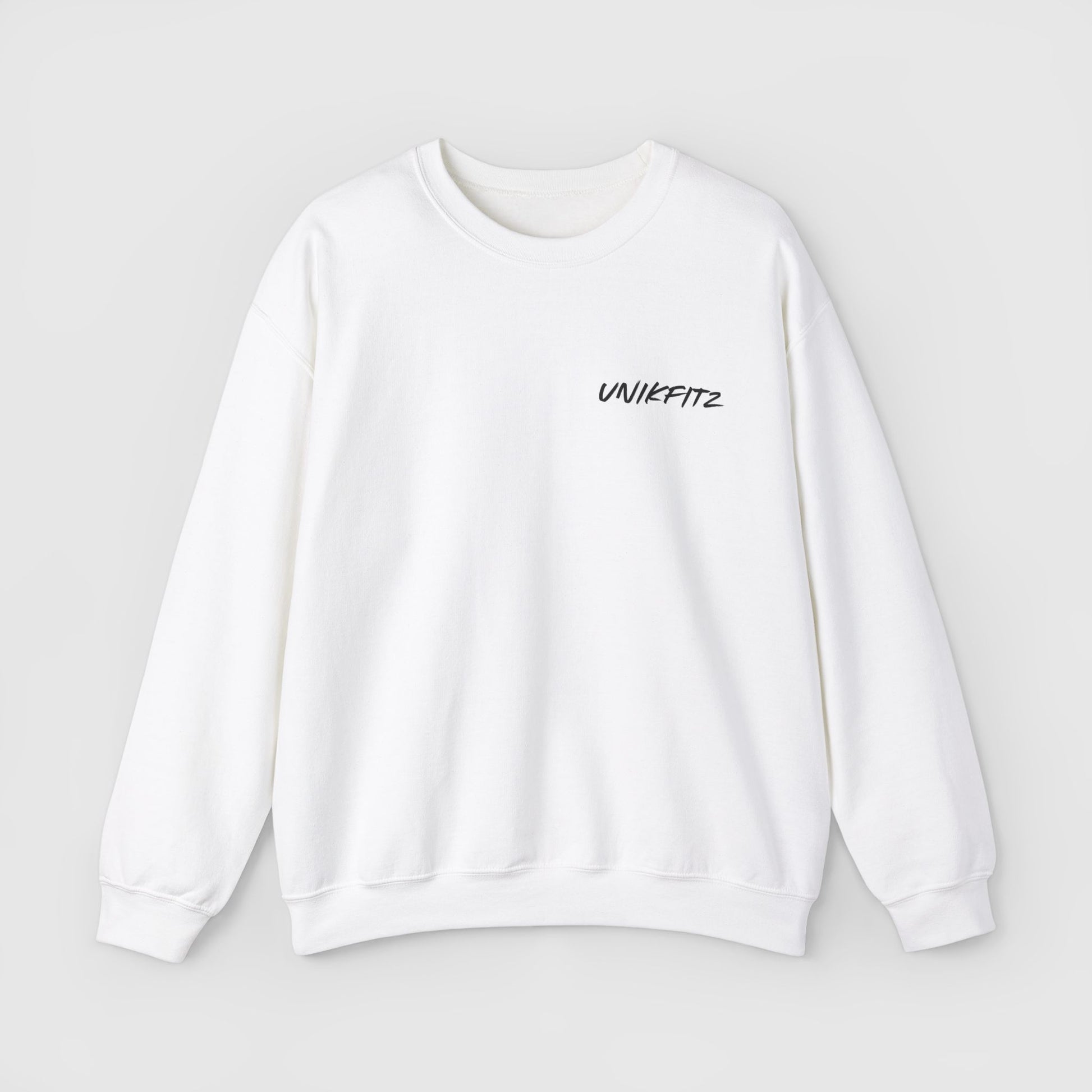 Front view of a white men's sweatshirt featuring the 'Unikfitz' logo on the chest, ideal for street wear and gym wear. This essential sweatshirt is a wardrobe staple for casual and trendy outfits.