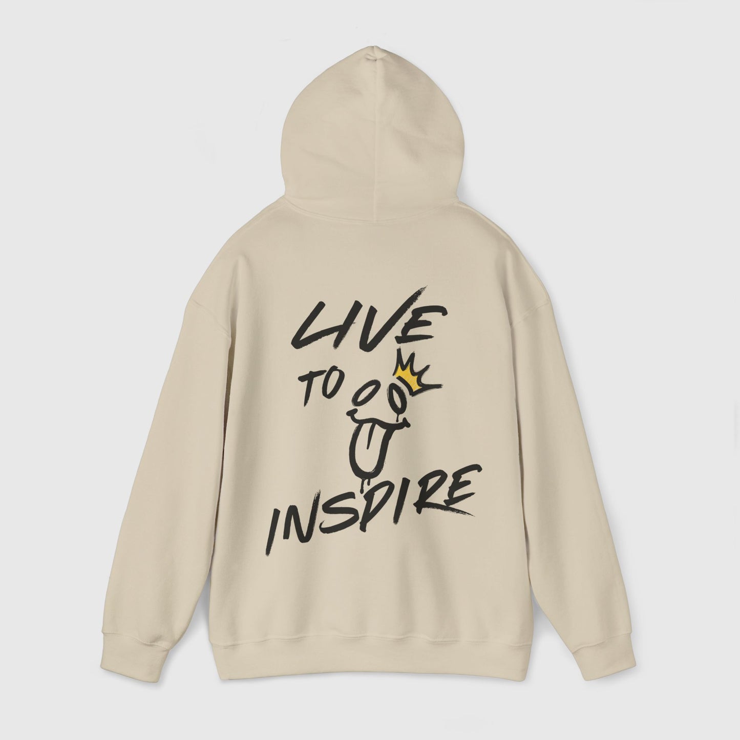 Back view of men's hoodie with bold 'LIVE TO INSPIRE' text and a playful crown graphic, embodying streetwear for men with a strong, motivating message