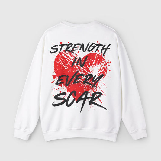 Back view of the white 'Strength in Every Scar' sweatshirt by UNIKFITZ, showcasing bold red heart art with graffiti-style text, ideal for essential streetwear and gym-ready men's clothing