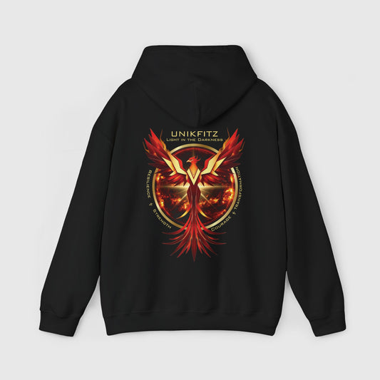 Back view of the UNIKFITZ 'Light in the Darkness' black hoodie with a fiery phoenix design, embodying strength and transformation, a standout piece in men's clothing gym and street wear