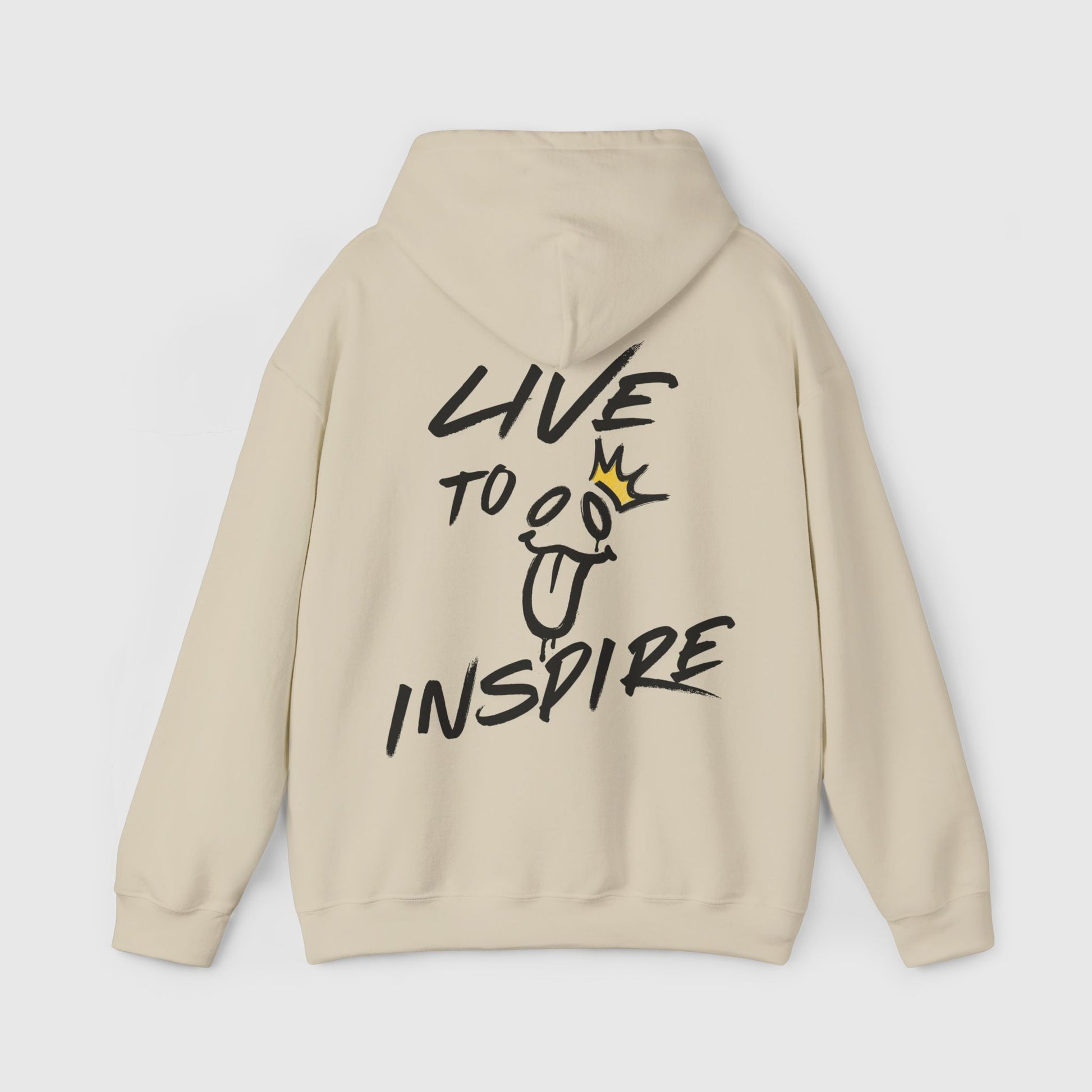 Beige men's hoodie from UNIKFITZ featuring minimalist 'Live to Inspire' graphic on the back, perfect for streetwear, gym wear, and casual men's clothing essentials