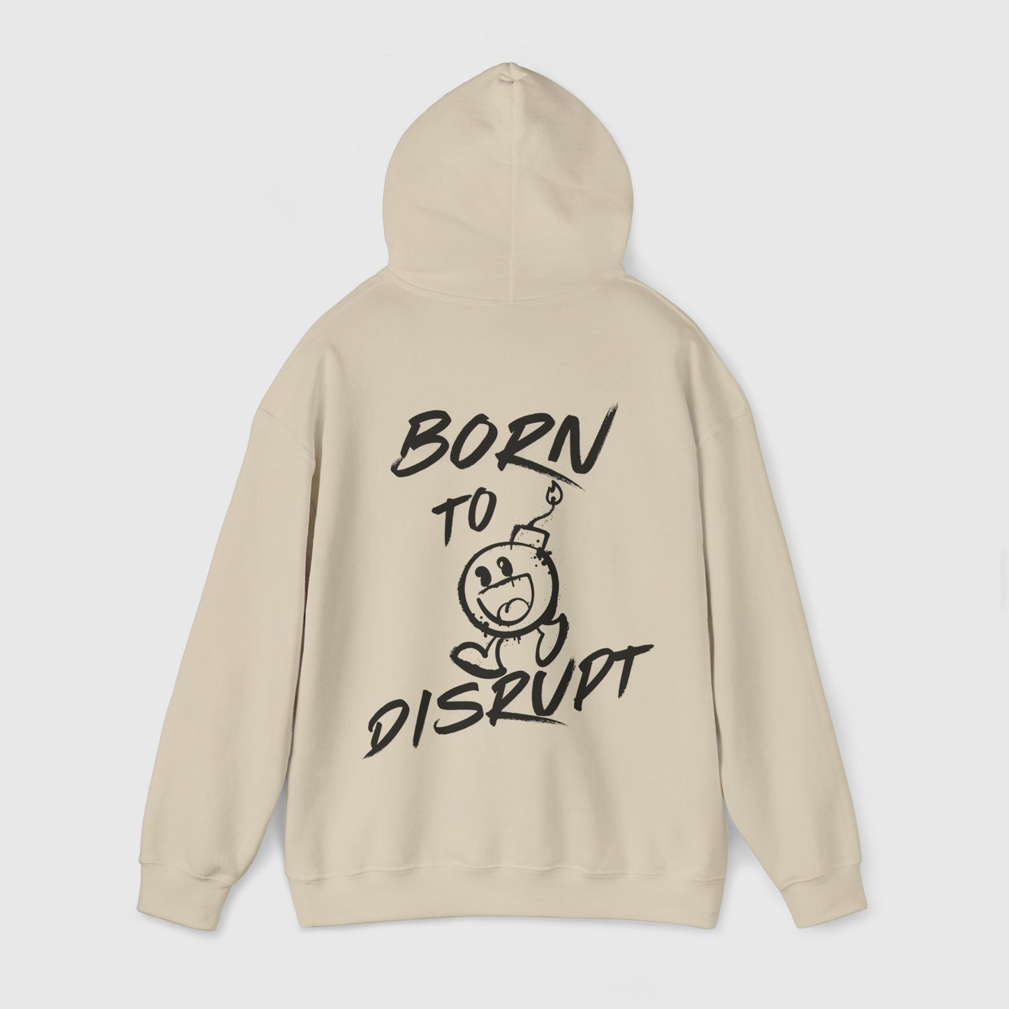 Back view of the Born to Disrupt hoodie in beige, displaying bold graphics of a cartoon bomb with the text 'Born to Disrupt.' A fearless and essential streetwear hoodie for men.