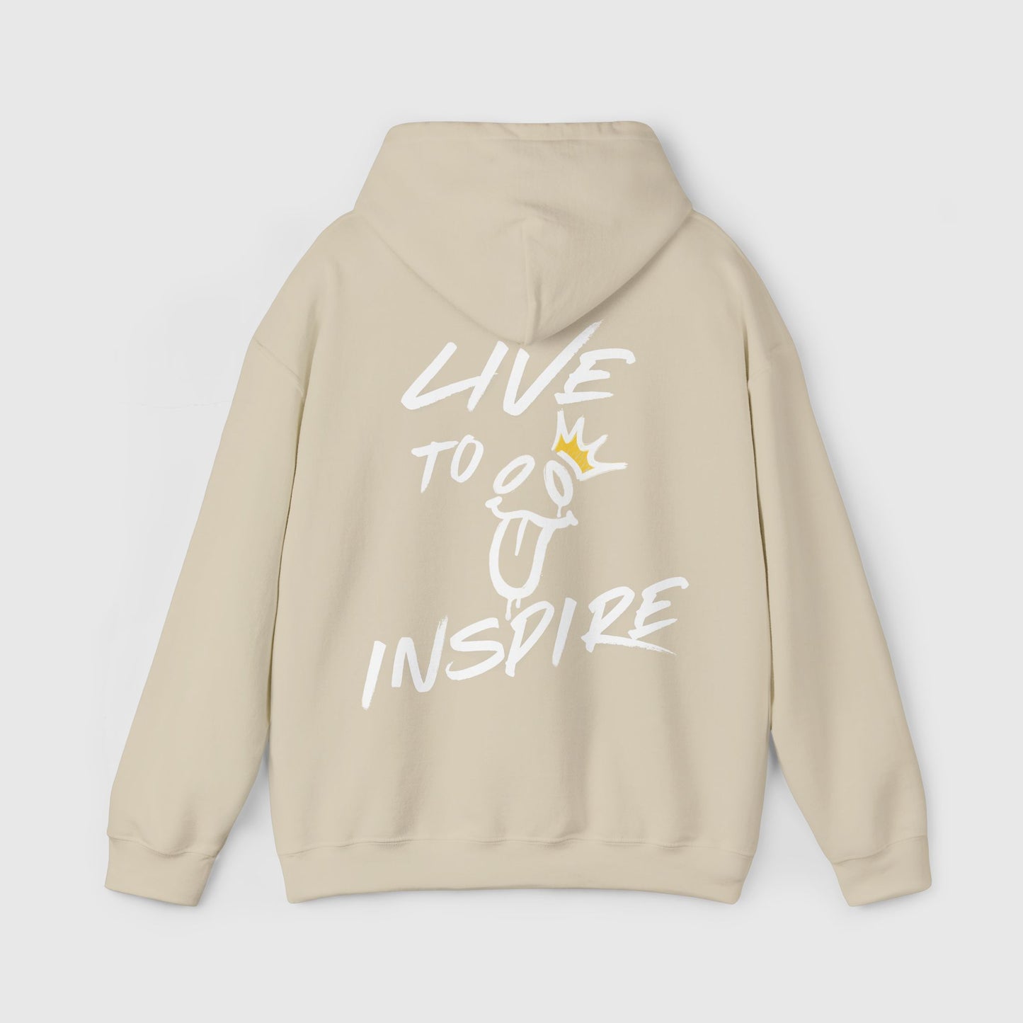 "Back view of a beige men's hoodie featuring bold 'LIVE TO INSPIRE' graffiti-style text with a crown design. Ideal for streetwear, gym looks, and men's clothing essentials with inspirational vibes