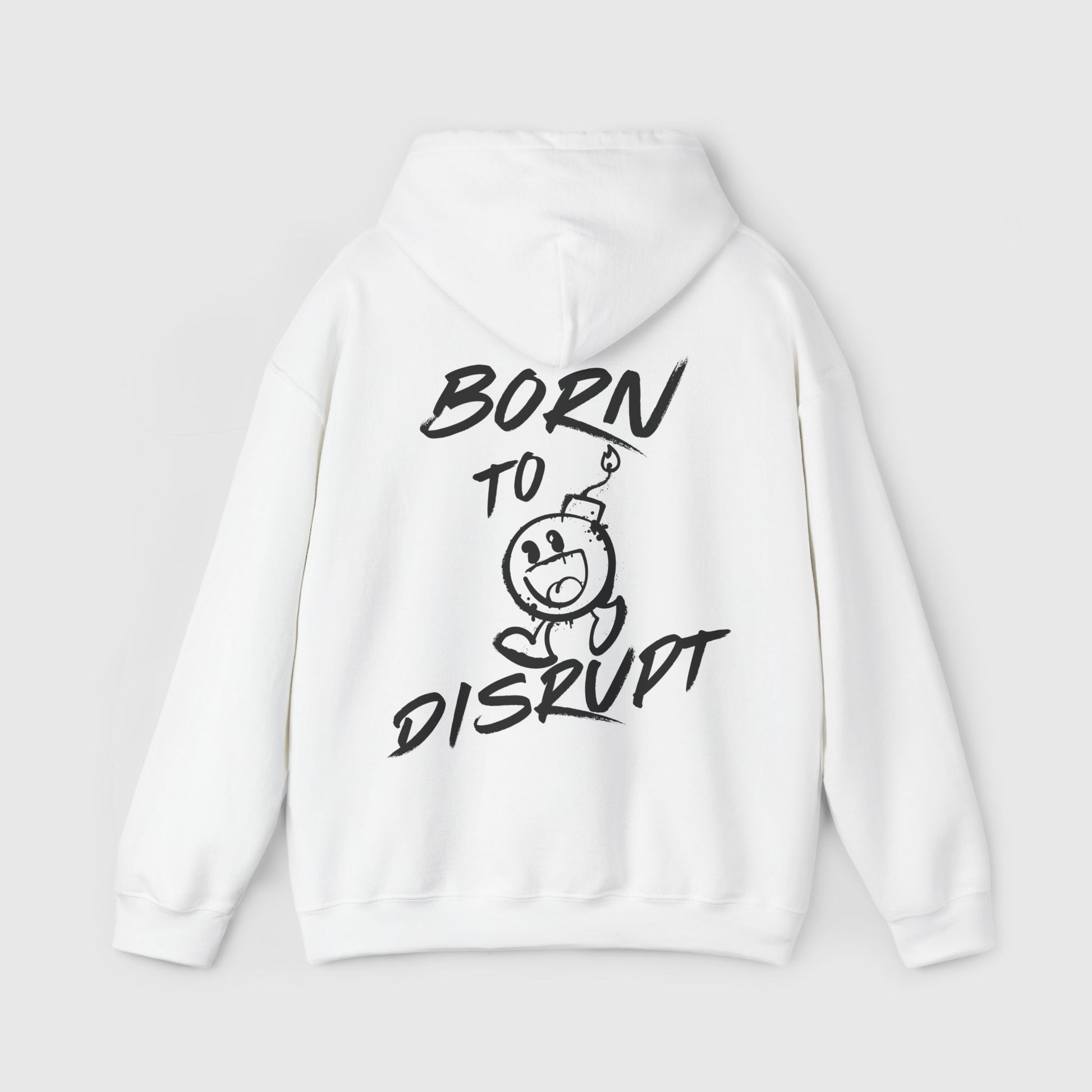 Men's white hoodie with the eye-catching 'Born to Disrupt' graphic on the back, blending gym-ready comfort with disruptive streetwear style.