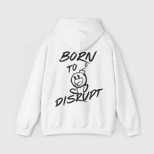 Men's white hoodie with the eye-catching 'Born to Disrupt' graphic on the back, blending gym-ready comfort with disruptive streetwear style.